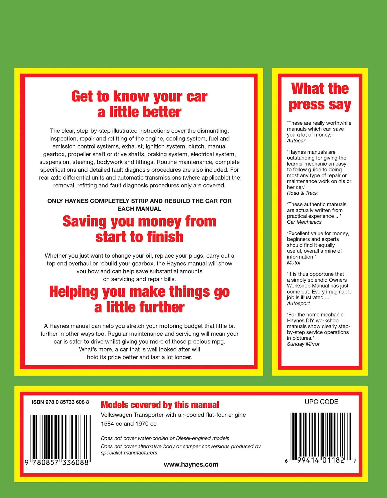 Volkswagen Transporter (air-cooled) Petrol (1979-1982) Haynes Repair Manual Printed Book Back Cover