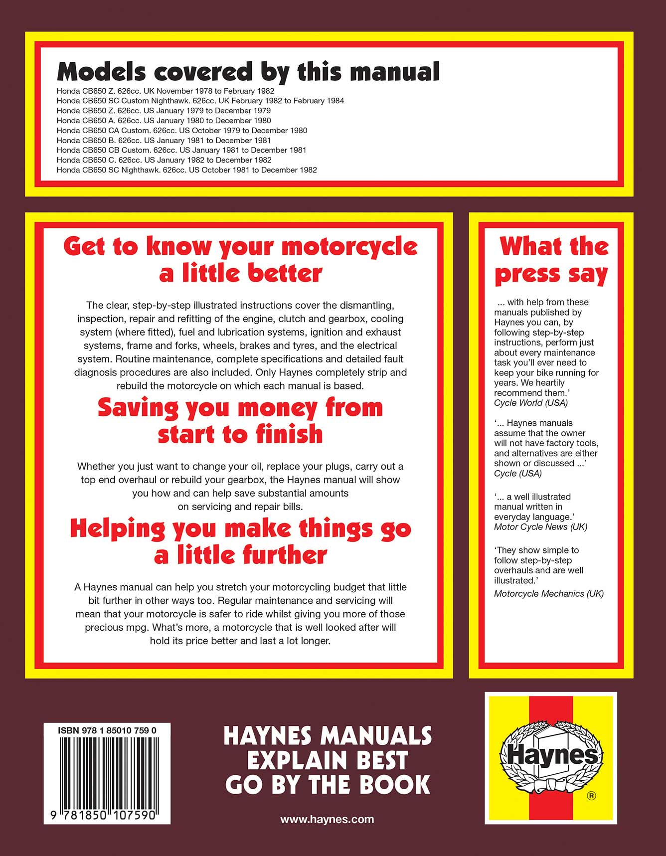 Honda CB650 sohc Fours (1978-1984) Haynes Repair Manual Printed Book Back Cover