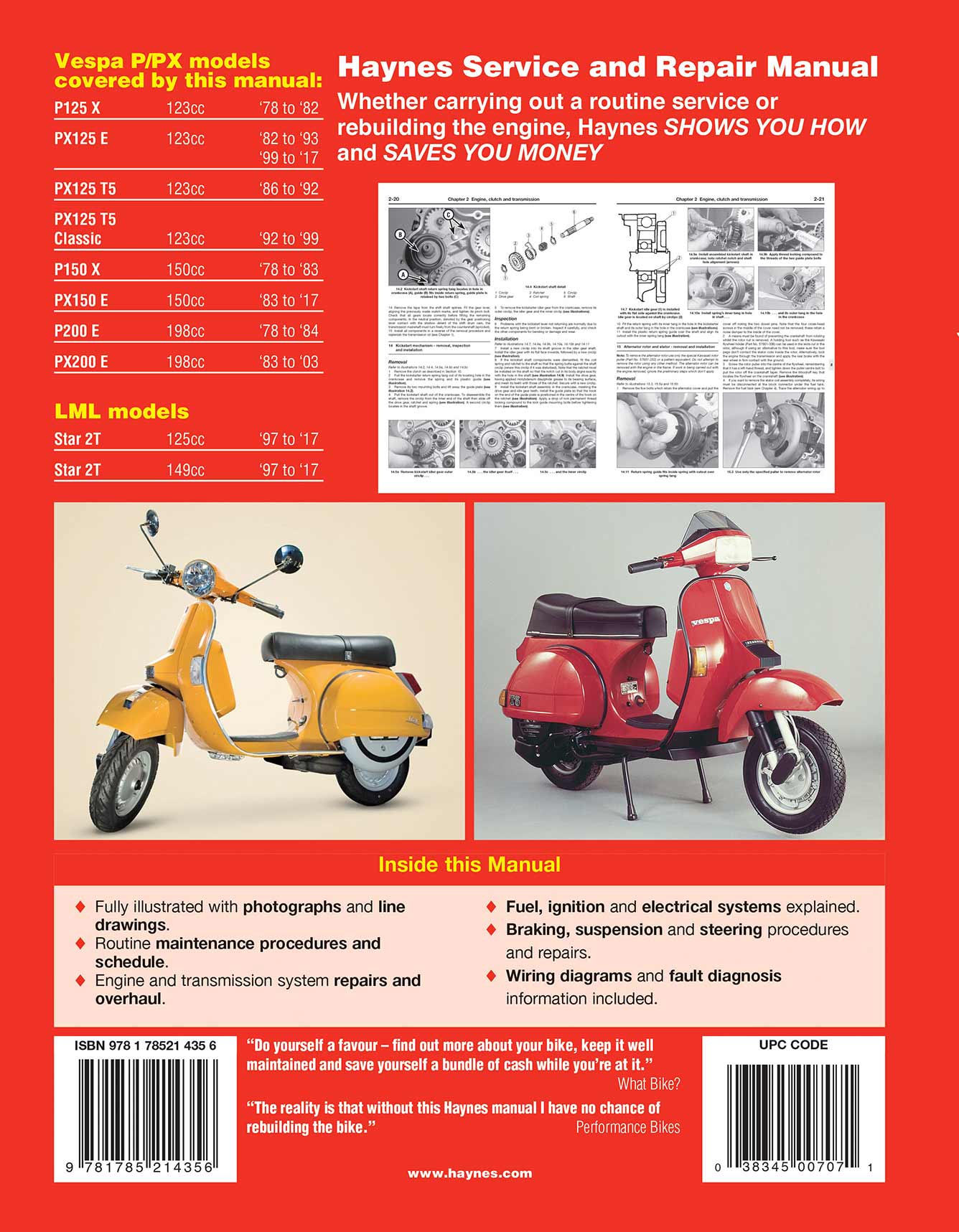 Vespa P/PX 125, 150 & 200 scooters (Inc. LML Star 2T) (1978-2017) Haynes Repair Manual Printed Book Back Cover