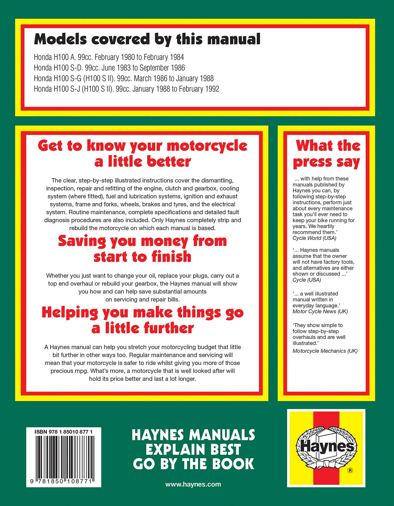 Honda H100 & H100S Singles (1980-1992) Haynes Repair Manual Printed Book Back Cover