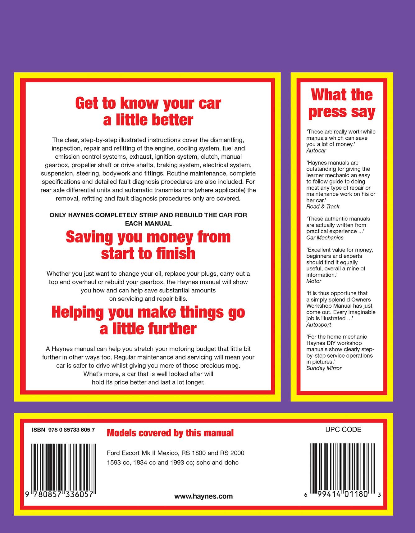 Ford Escort Mk II Mexico, RS 1800 & RS 2000 (1975-1980) Haynes Repair Manual Printed Book Back Cover