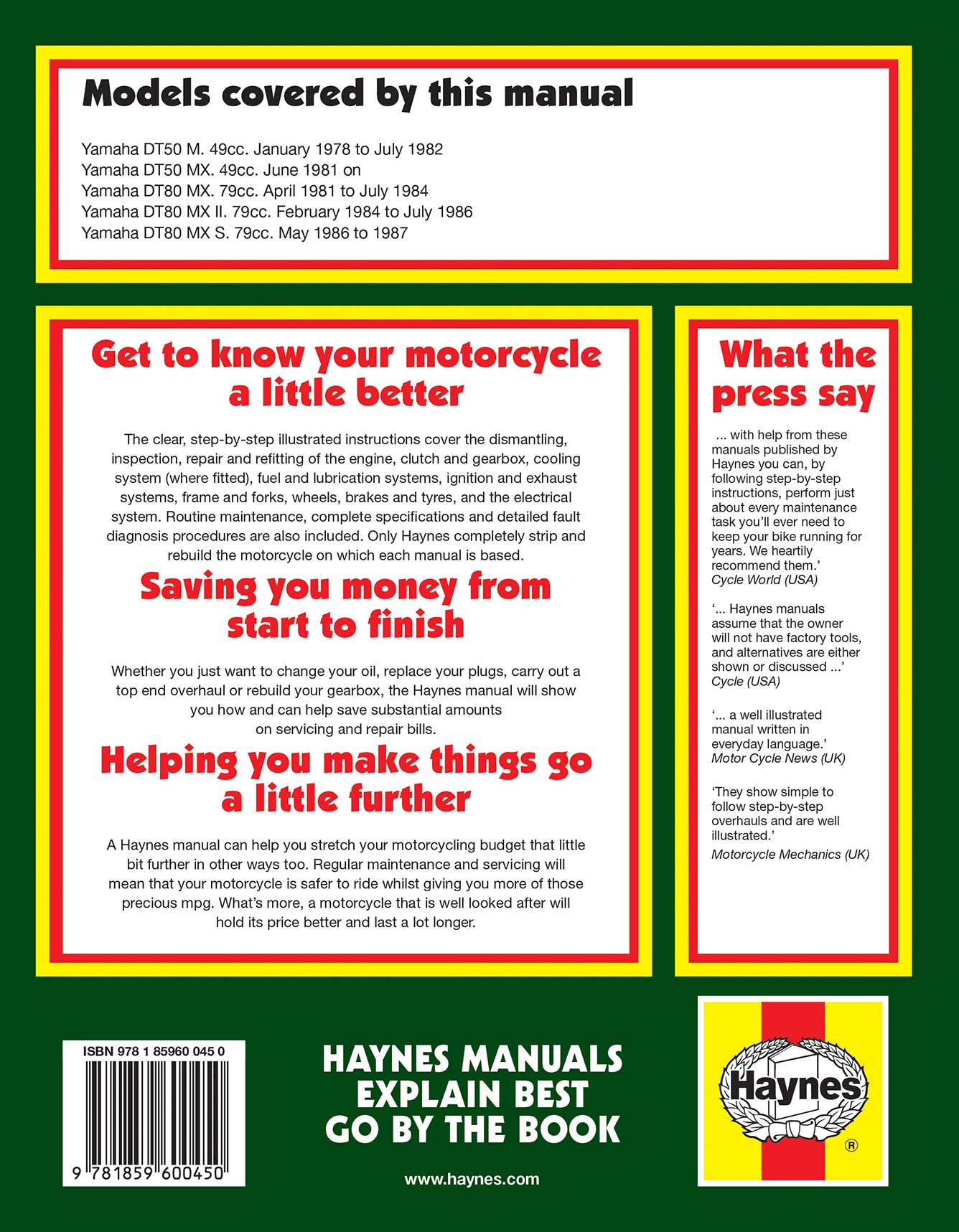 Yamaha DT50 & 80 Trail Bikes (1978-1995) Haynes Repair Manual Printed Book Back Cover