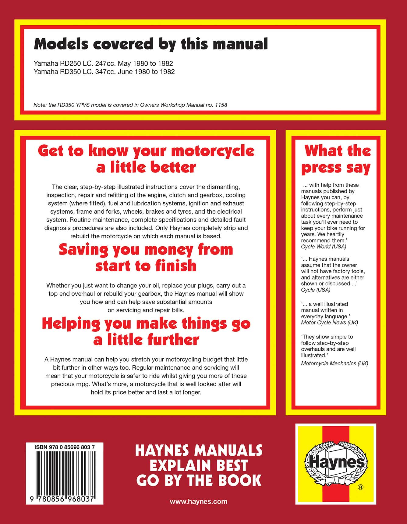 Yamaha RD250 & 350LC Twins (1980-1982) Haynes Repair Manual Printed Book Back Cover