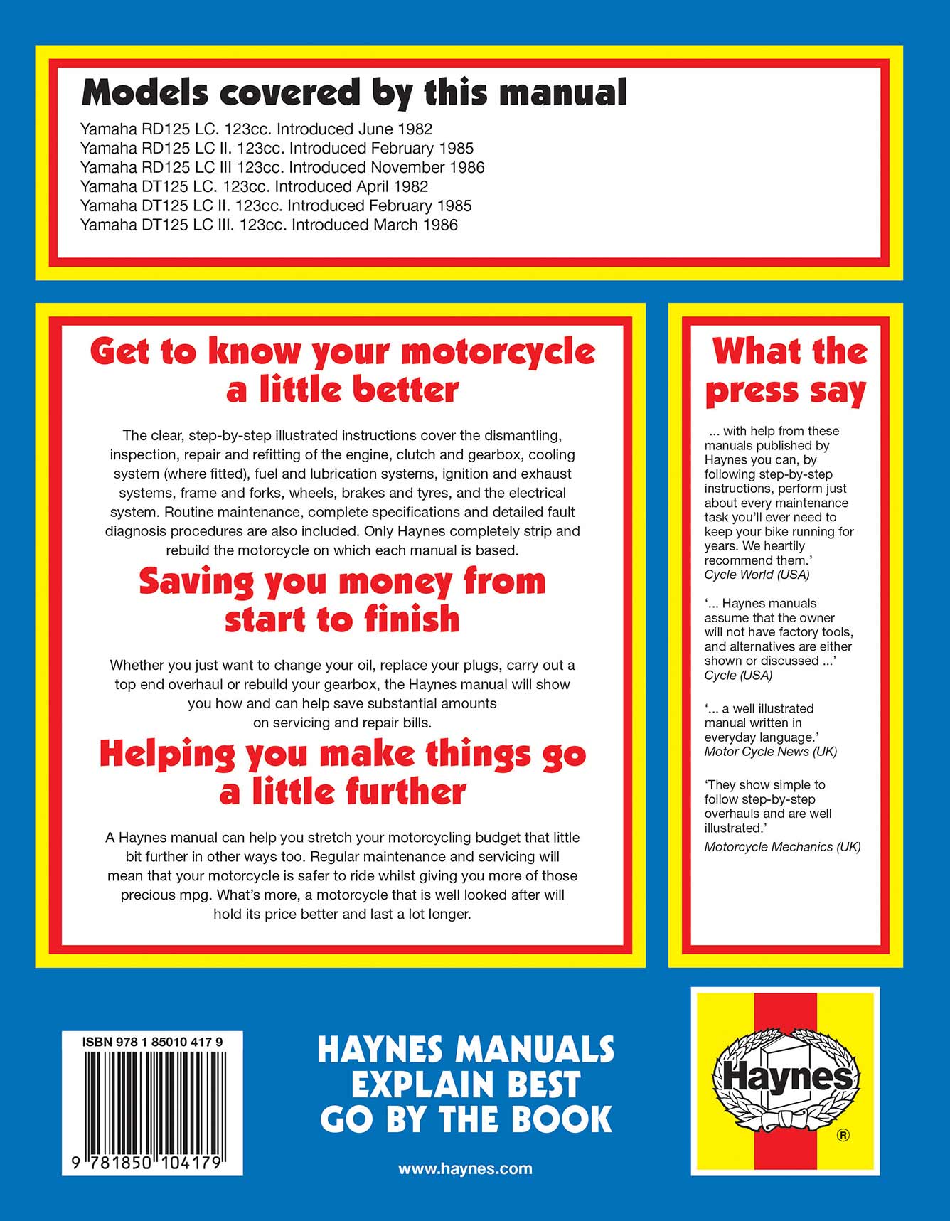 Yamaha RD & DT125LC (1982-1987) Haynes Repair Manual Printed Book Back Cover