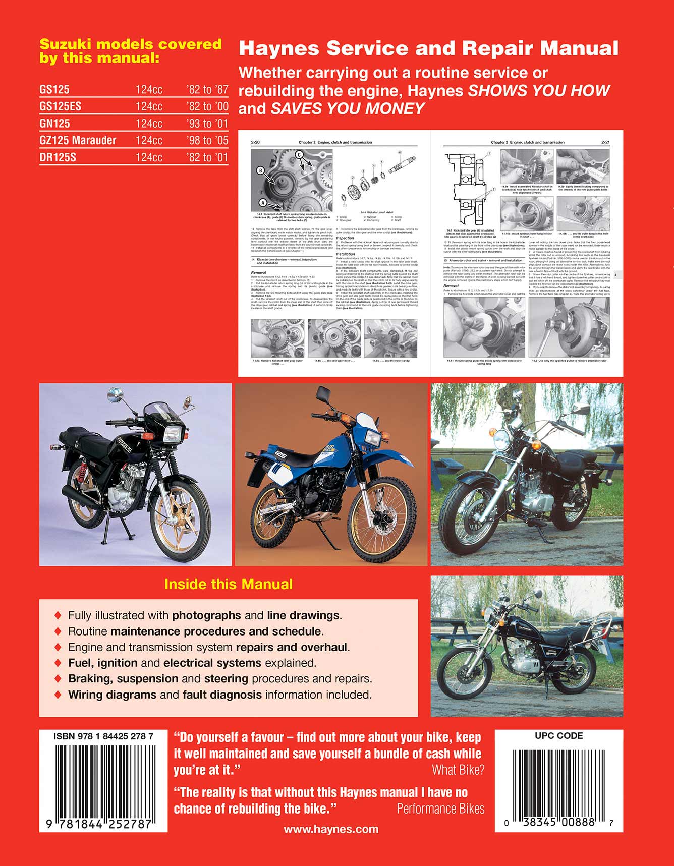 Suzuki GS, GN, GZ & DR125 Singles (1982-2005) Haynes Repair Manual Printed Book Back Cover