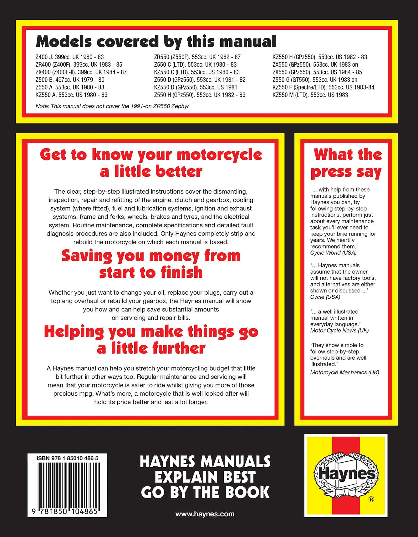 Kawasaki 400, 500 & 550 Fours (1979-1991) Haynes Repair Manual Printed Book Back Cover