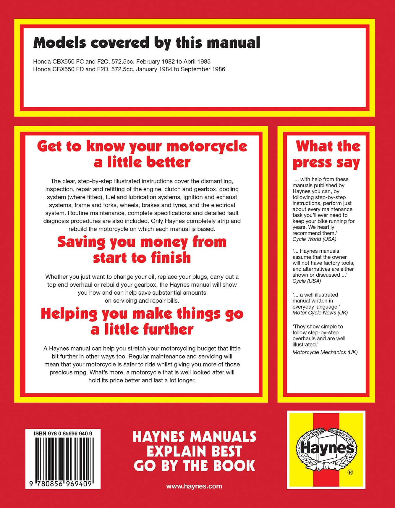 Honda CBX550 Four (1982-1986) Haynes Repair Manual Printed Book Back Cover