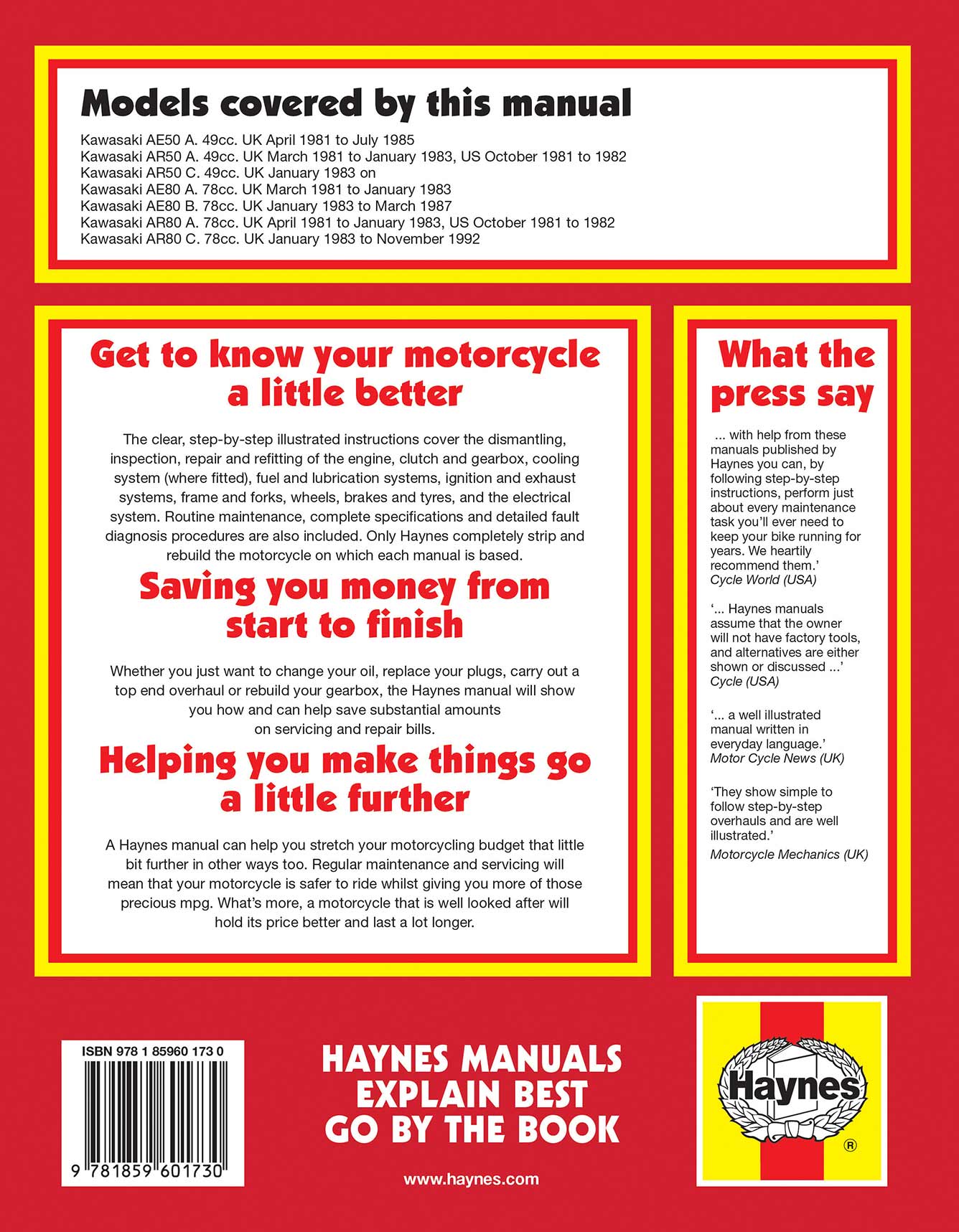 Kawasaki AE/AR 50 & 80 (1981-1995) Haynes Repair Manual Printed Book Back Cover
