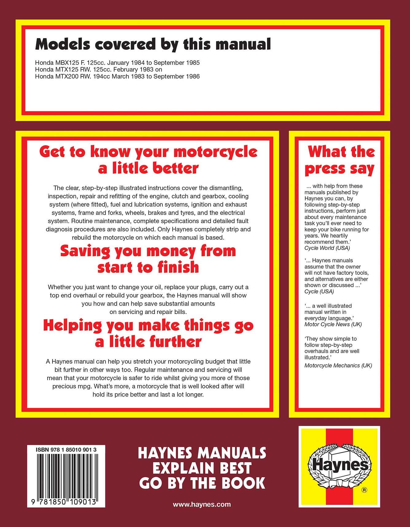 Honda MBX/MTX125 & MTX200 (1983-1993) Haynes Repair Manual Printed Book Back Cover