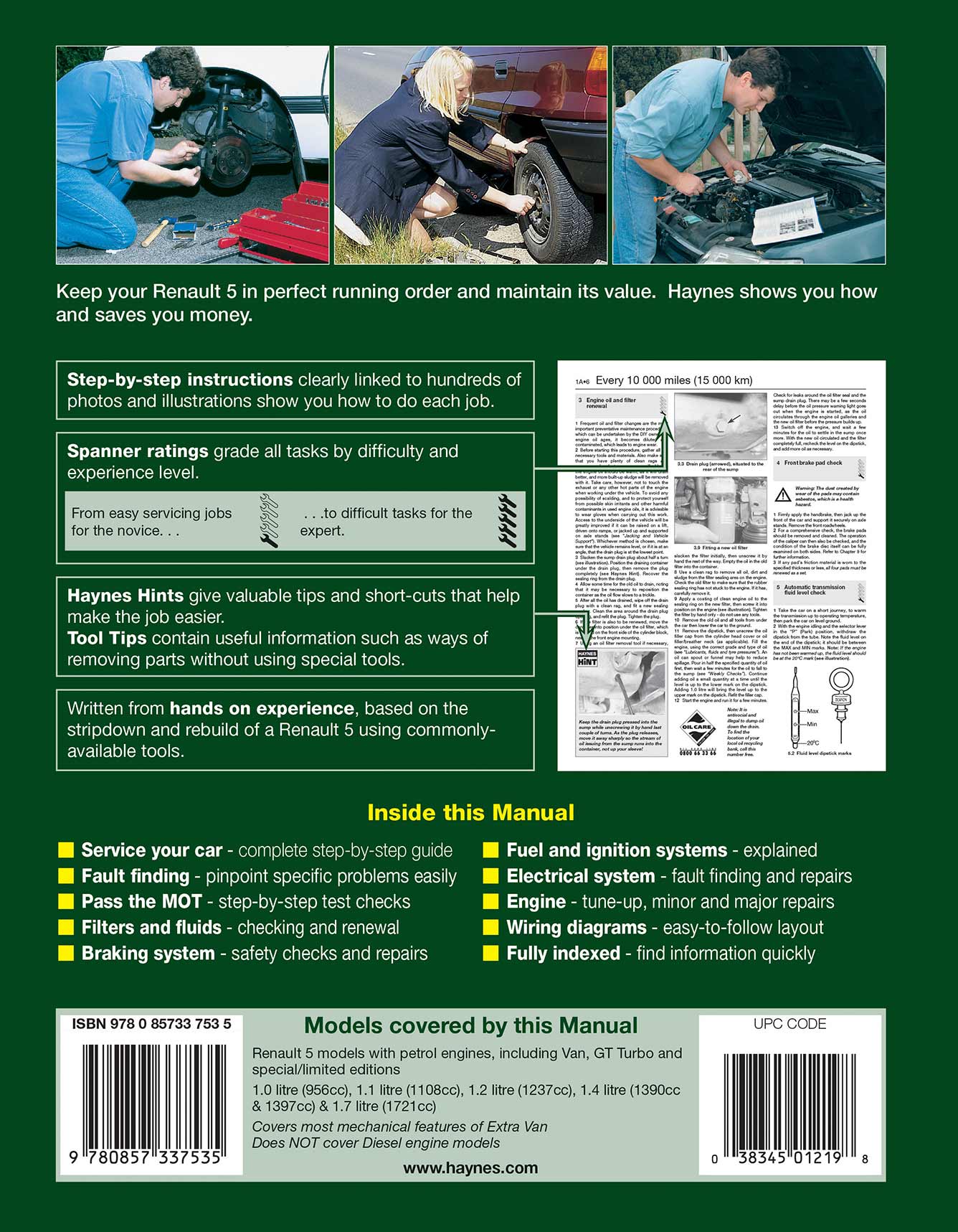 Renault 5 Petrol (Feb 1985-1996) Haynes Repair Manual Printed Book Back Cover