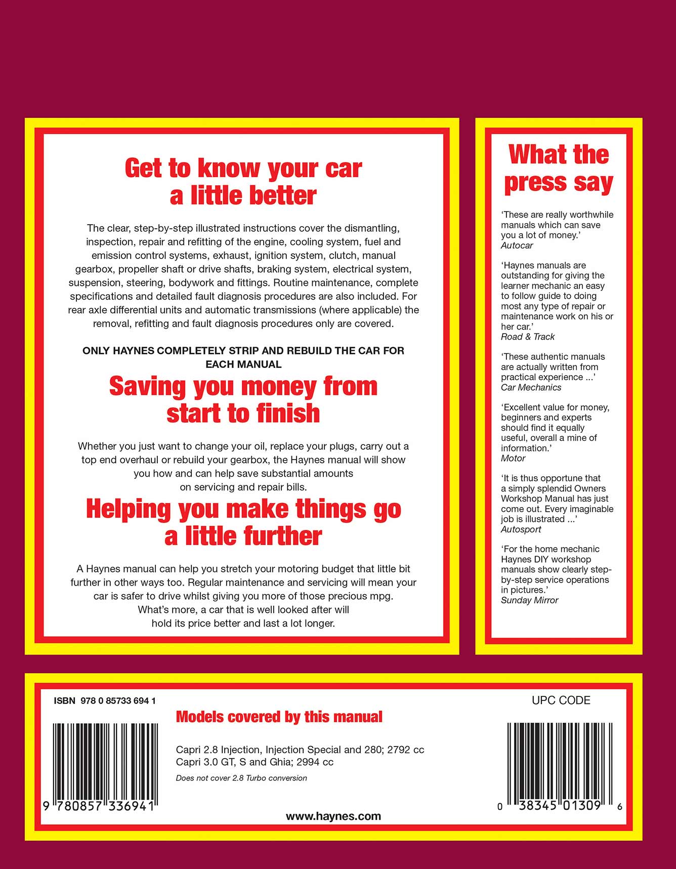 Ford Capri II (and III) 2.8 & 3.0 V6 (1974-1987) Haynes Repair Manual Printed Book Back Cover