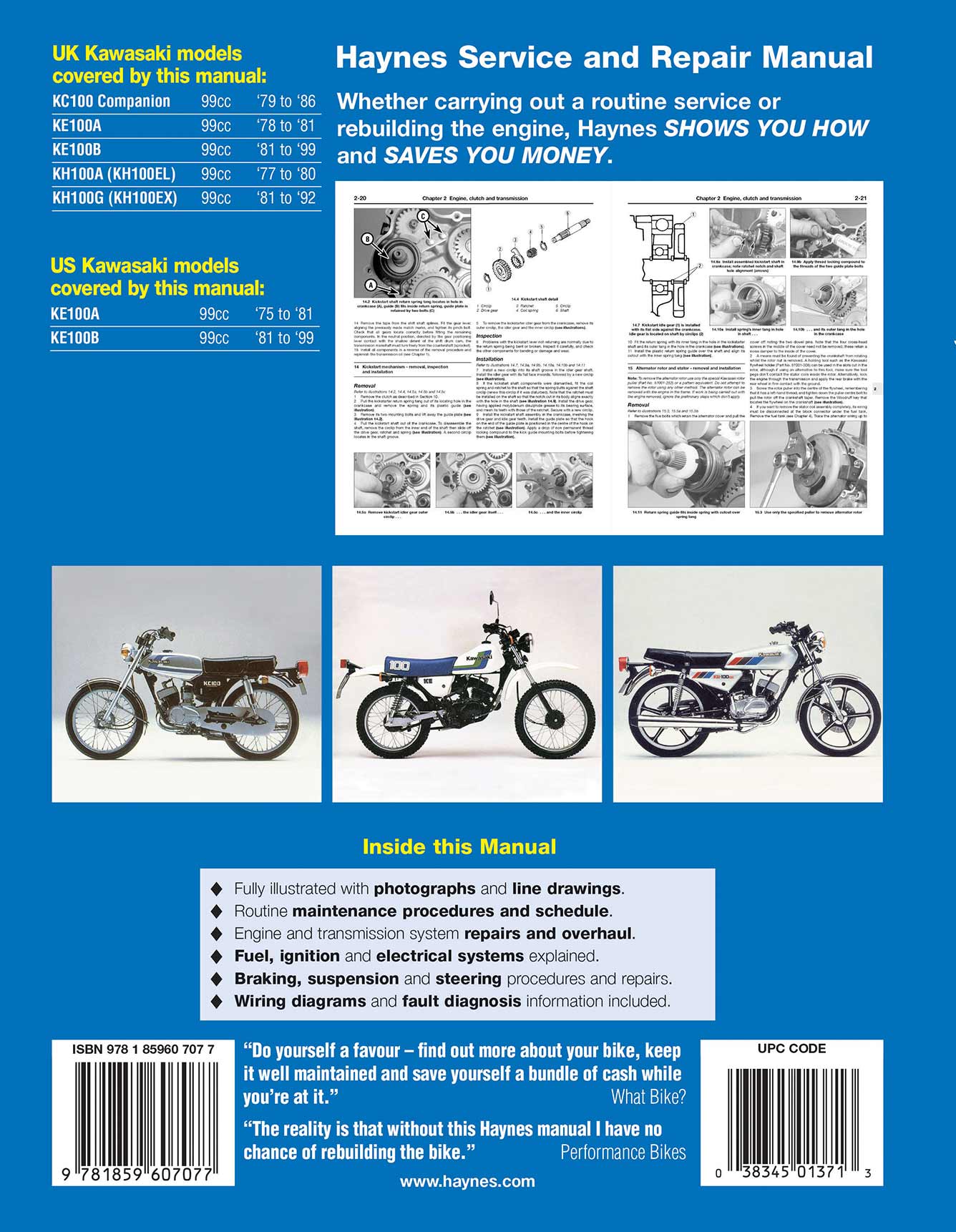 Kawasaki KC, KE & KH100 (1975-1999) Haynes Repair Manual Printed Book Back Cover