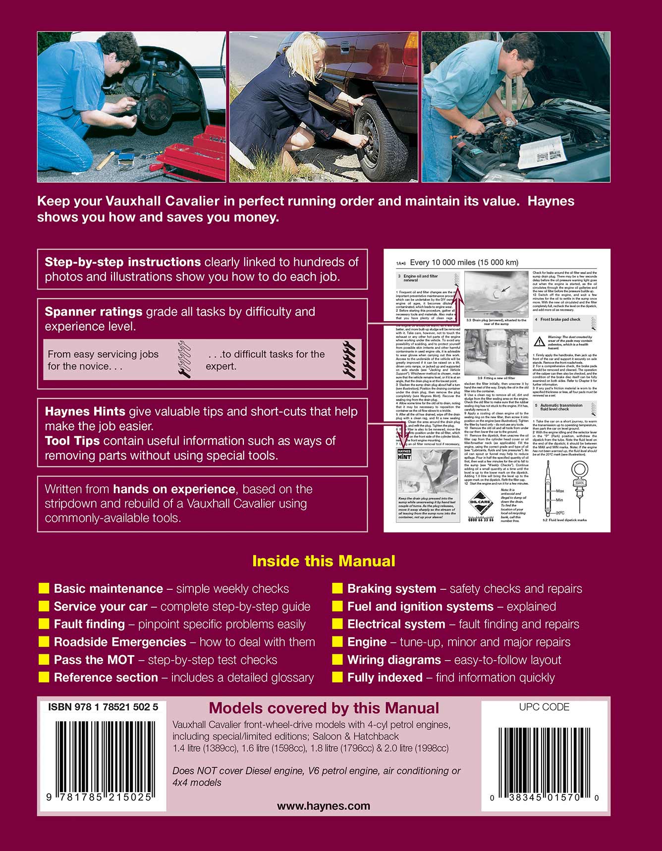 Vauxhall Cavalier Petrol (Oct 1988-1995) Haynes Repair Manual Printed Book Back Cover