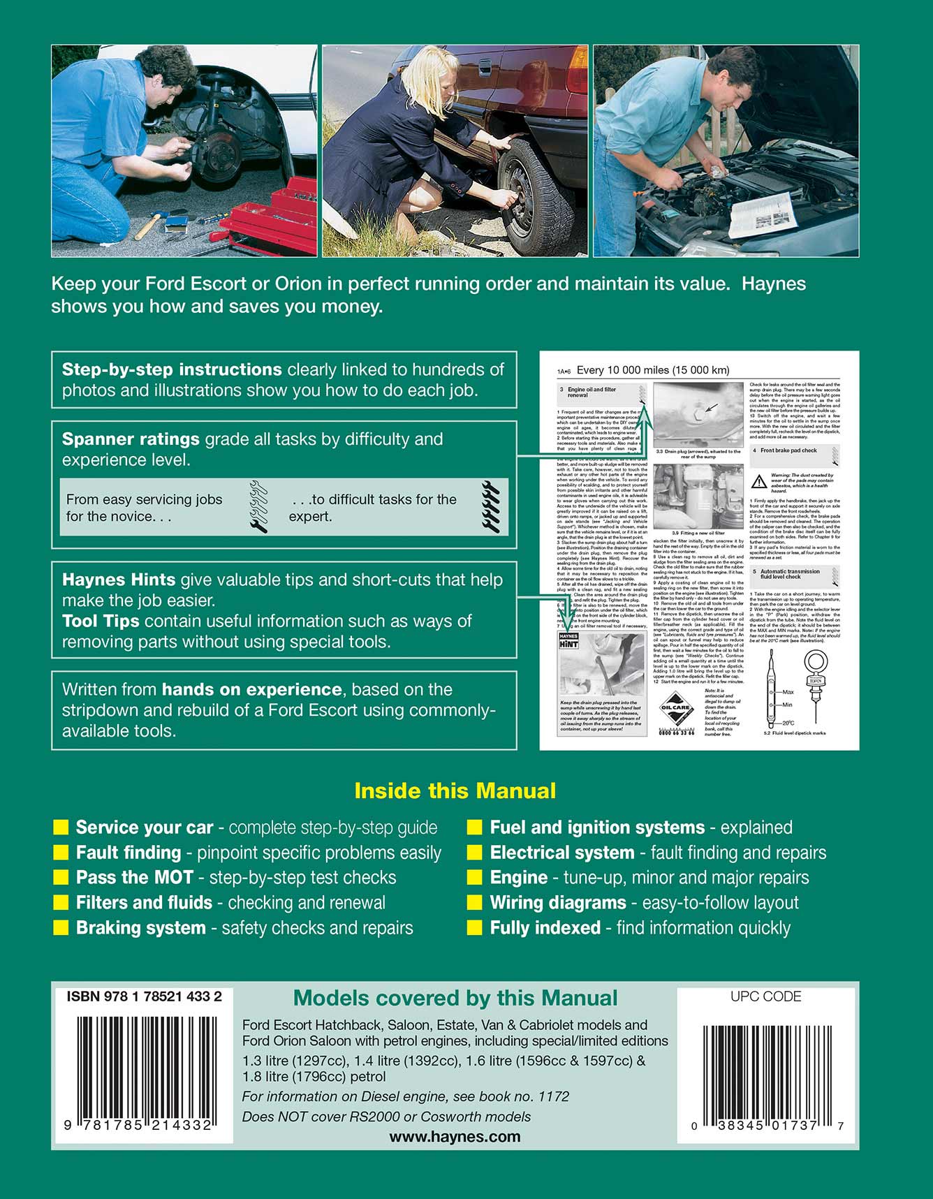 Ford Escort & Orion Petrol (Sept 1990-2000) Haynes Repair Manual Printed Book Back Cover