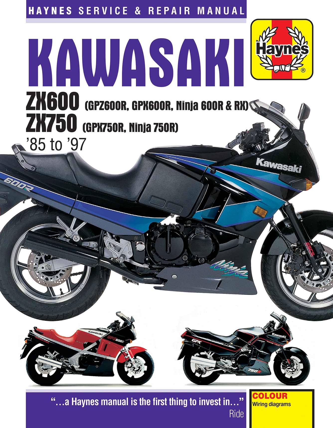 Kawasaki ZX600 (GPZ600R, GPX600R, Ninja 600R & RX) & ZX750 (GPX750R, Ninja 750R) Fours (1985-1997) Haynes Repair Manual Printed Book Front Cover