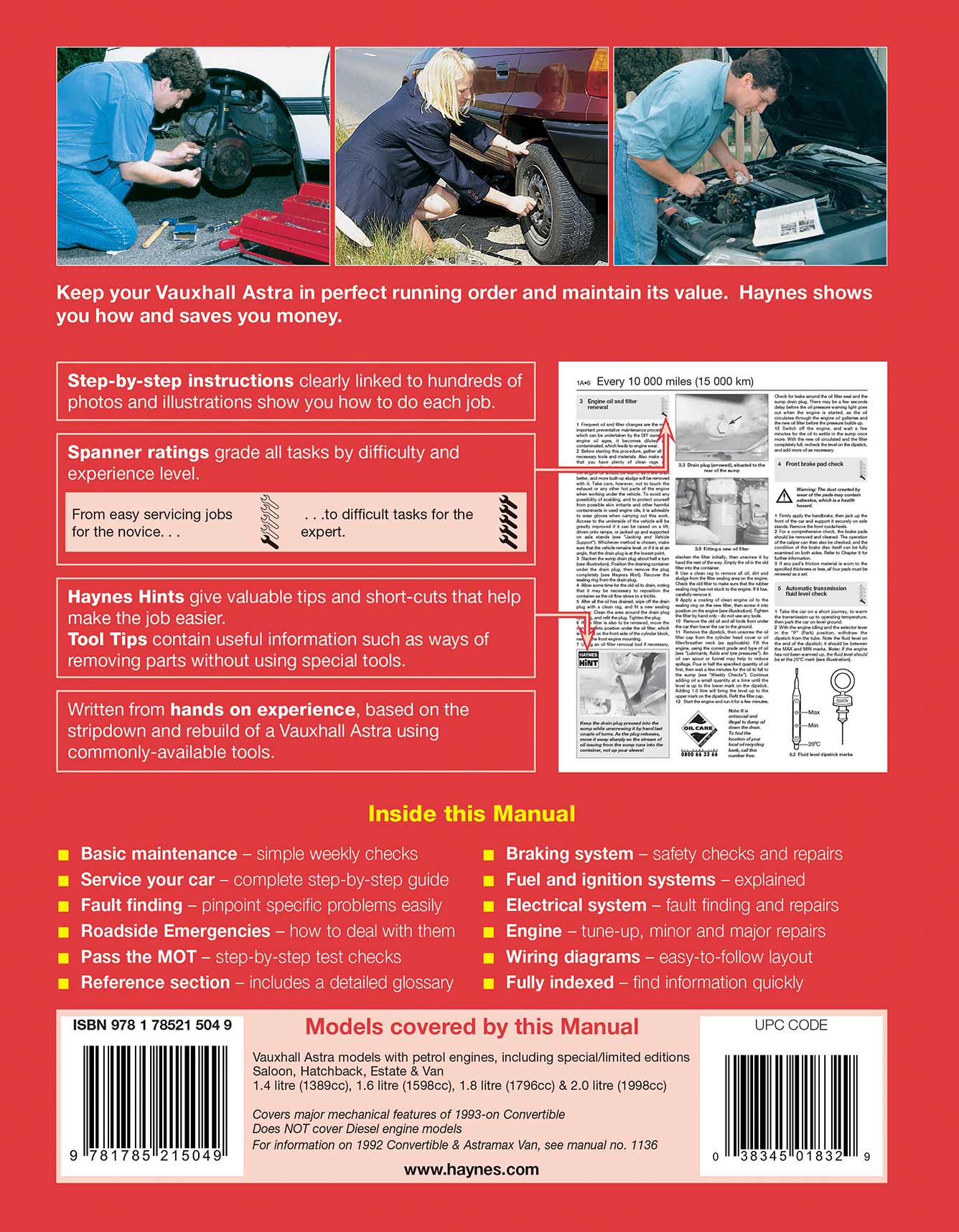 Vauxhall Astra Petrol (Oct 1991-Feb 1998) Haynes Repair Manual Printed Book Back Cover