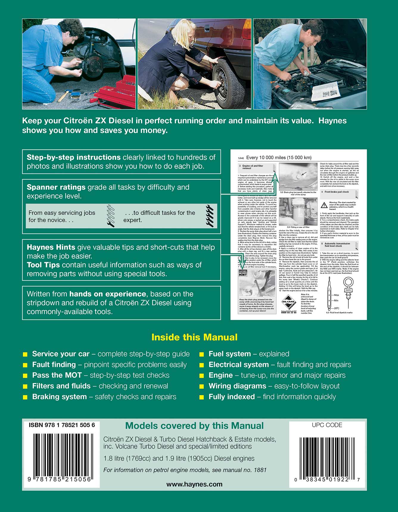 Citroen ZX Diesel (1991-1998) Haynes Repair Manual Printed Book Back Cover