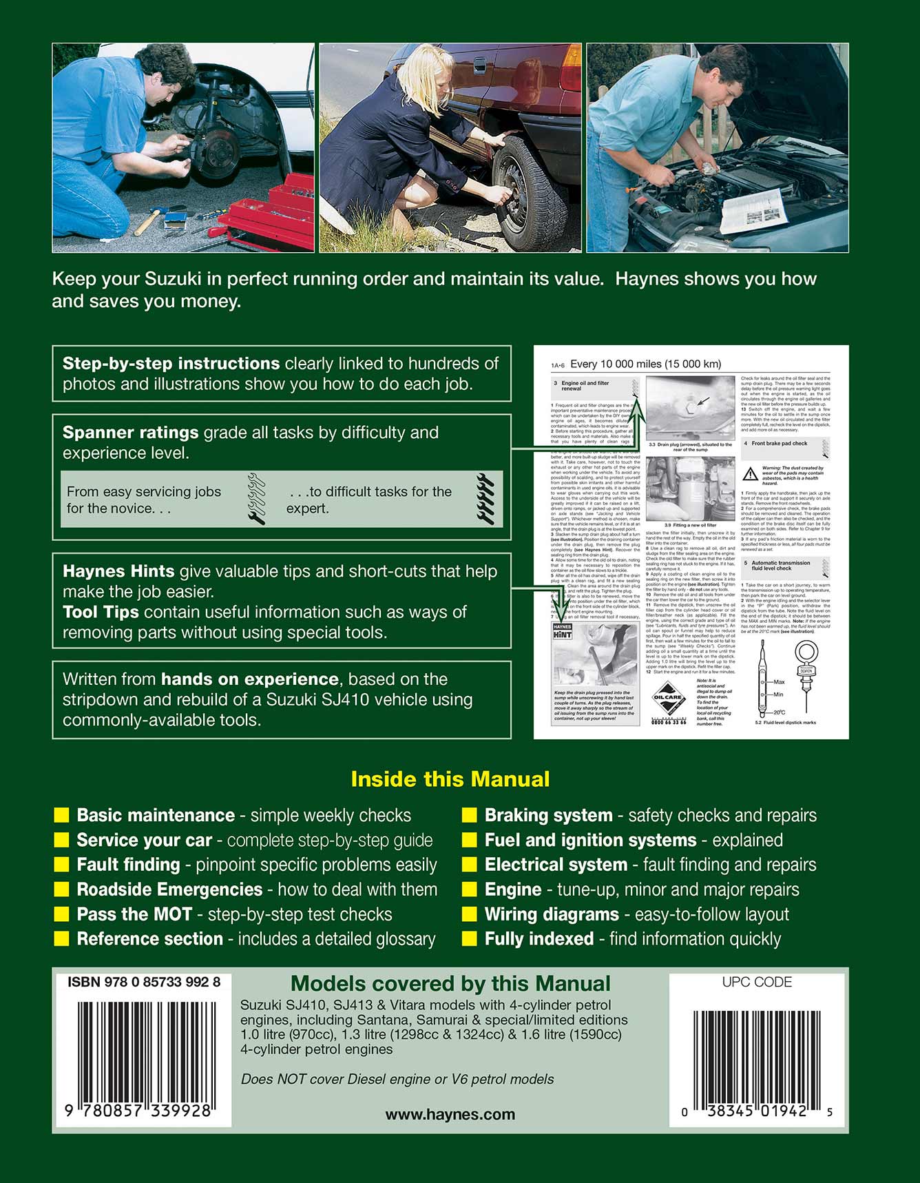 Suzuki SJ Series, Samurai & Vitara (4-cyl) Petrol (1982-1997) Haynes Repair Manual Printed Book Back Cover