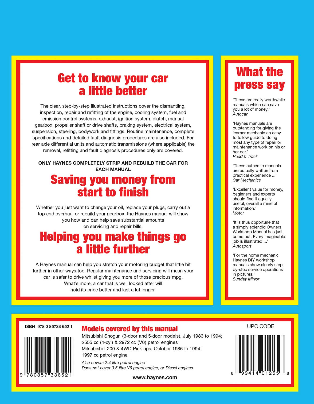 Mitsubishi Shogun & L200 Pick-Ups Petrol (1983-1994) Haynes Repair Manual Printed Book Back Cover