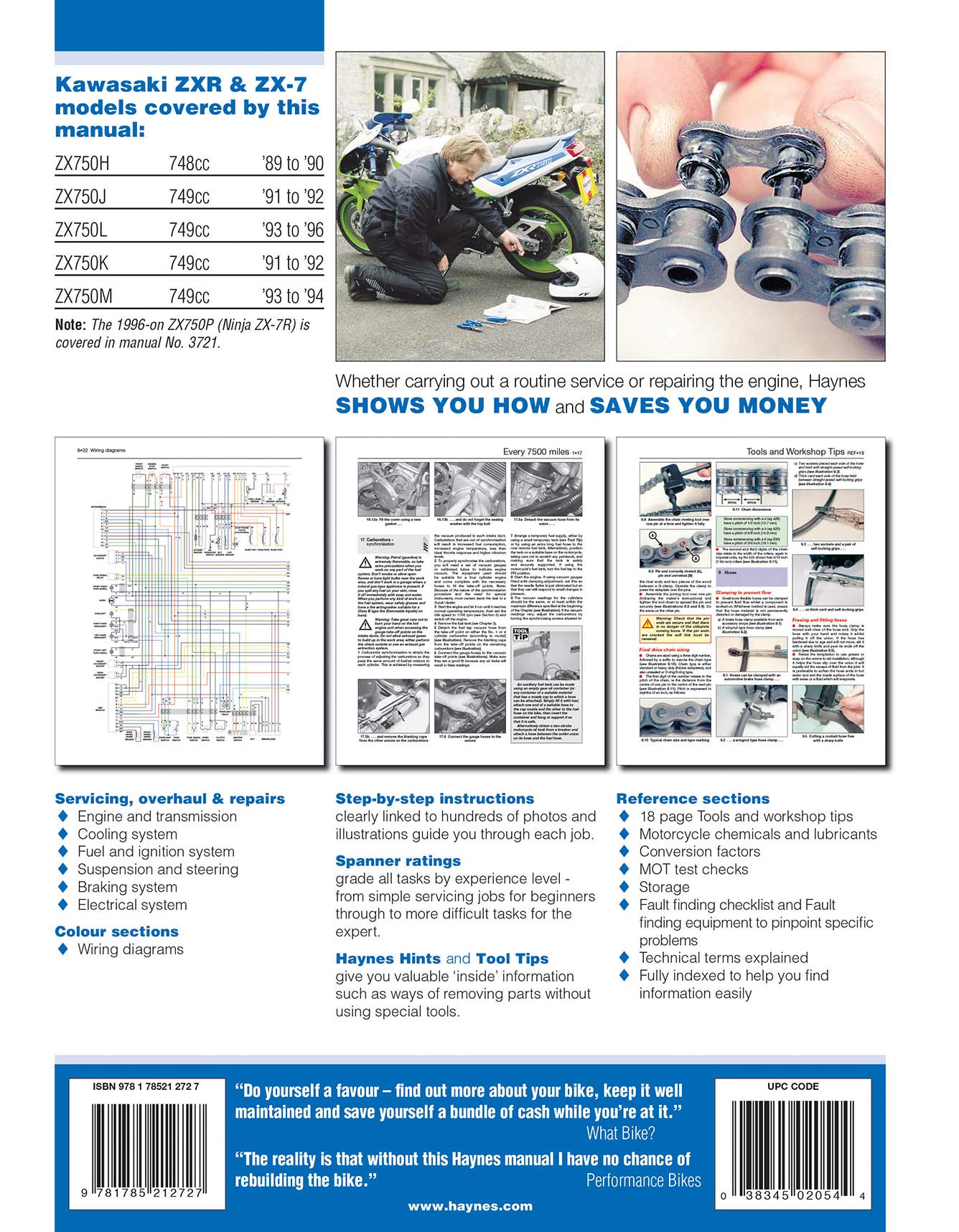 Kawasaki ZX750 (Ninja ZX-7 & ZXR750) Fours (1989-1996) Haynes Repair Manual Printed Book Back Cover