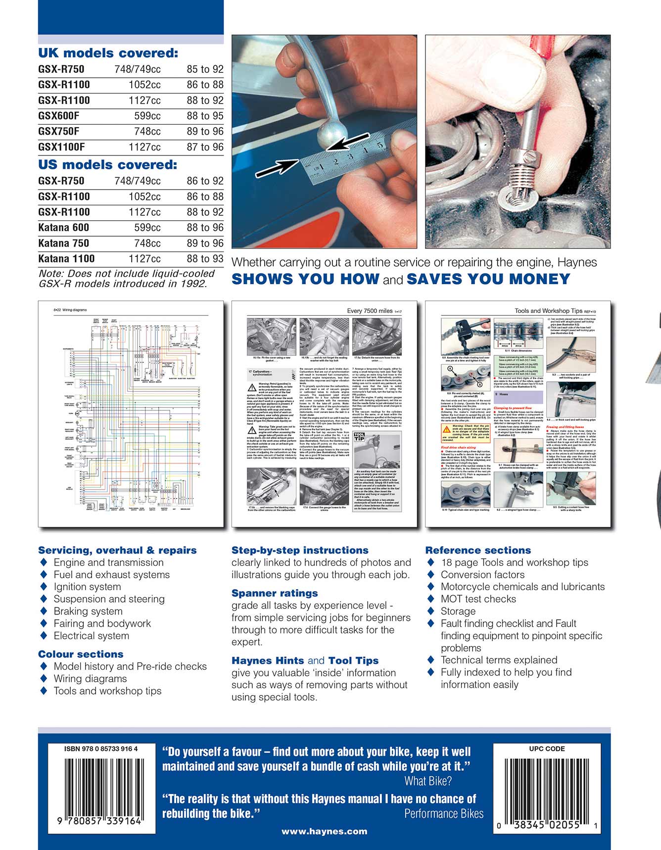 Suzuki GSX-R750 & GSX-R1100 (1986-1992), GSX600F & GSX1100F Katanas (1988-1996), GSX750F Katana (1989-1996) Haynes Repair Manual Printed Book Back Cover