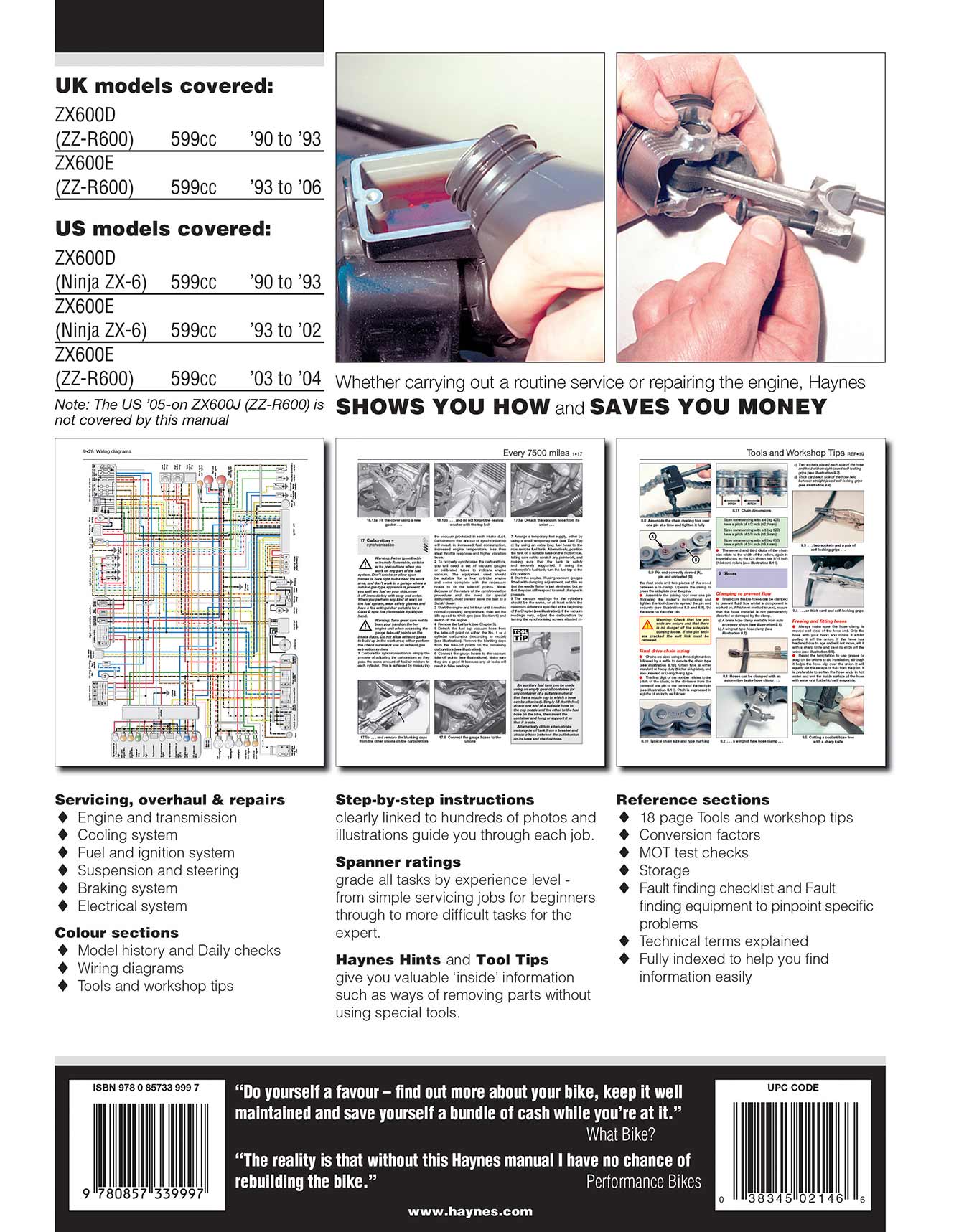 Kawasaki ZX600 (ZZ-R600 & Ninja ZX6) (1990-2006) Haynes Repair Manual Printed Book Back Cover