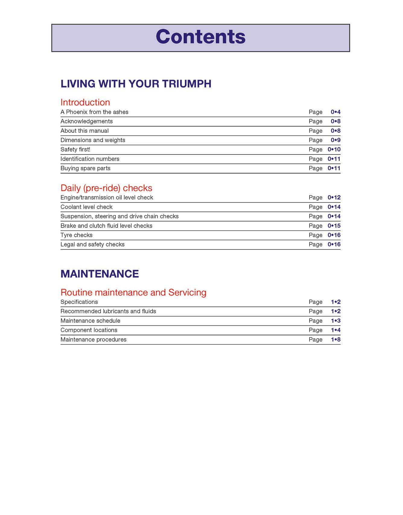 Triumph Triples & Fours (carburettor engines) (1991-2004) Haynes Repair Manual Printed Book Table of Contents