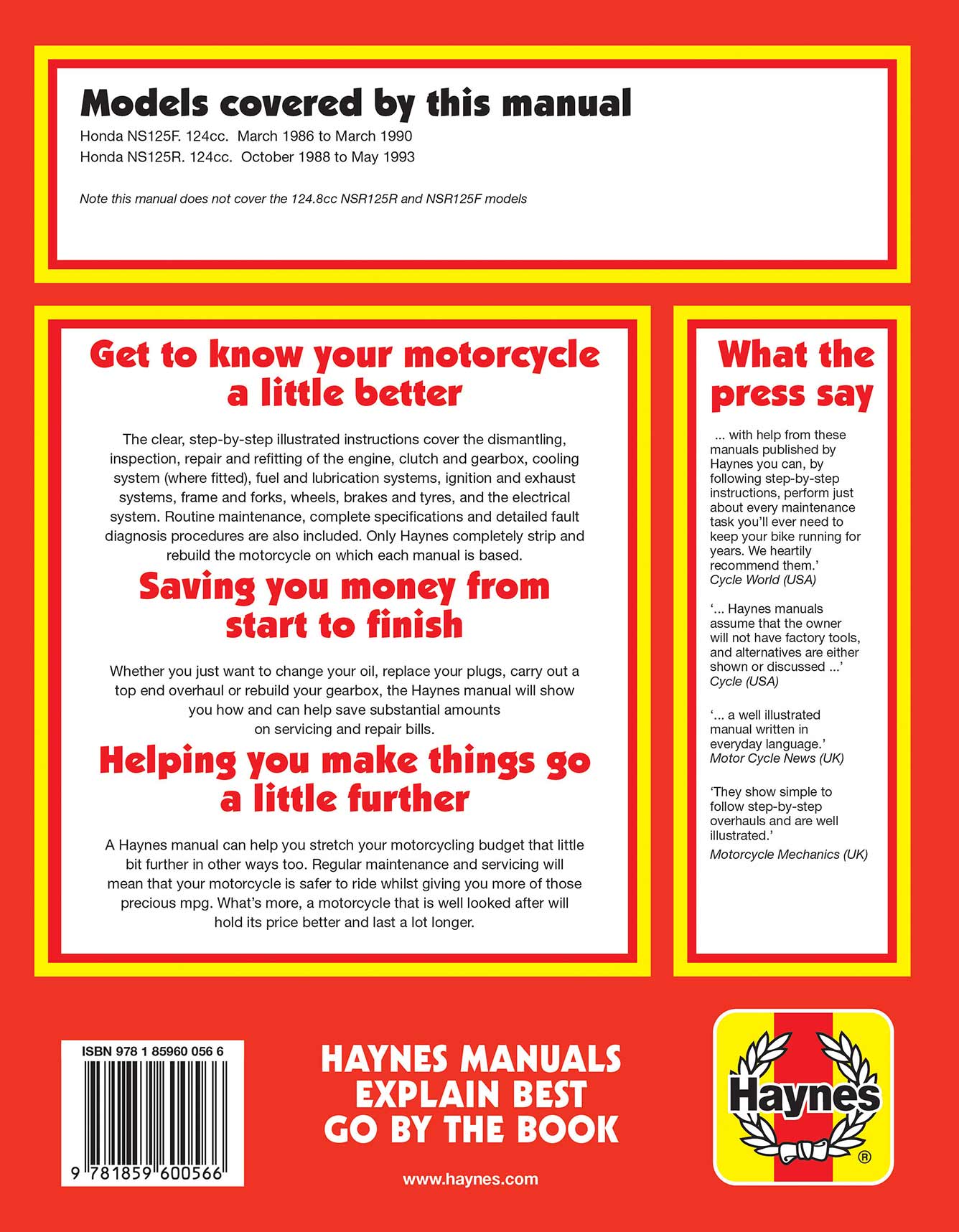 Honda NS125 (1986-1993) Haynes Repair Manual Printed Book Back Cover