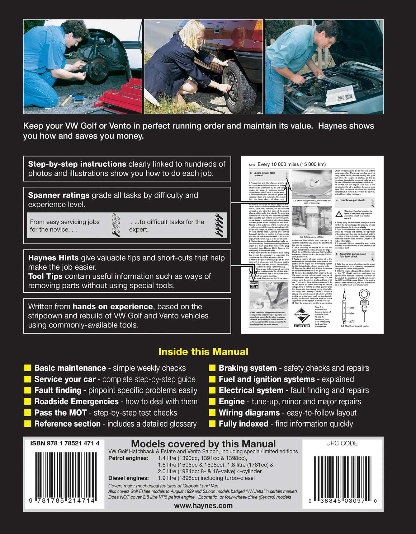 Volkswagen Golf & Vento Petrol & Diesel (Feb 1992-Mar 1998) Haynes Repair Manual Printed Book Back Cover