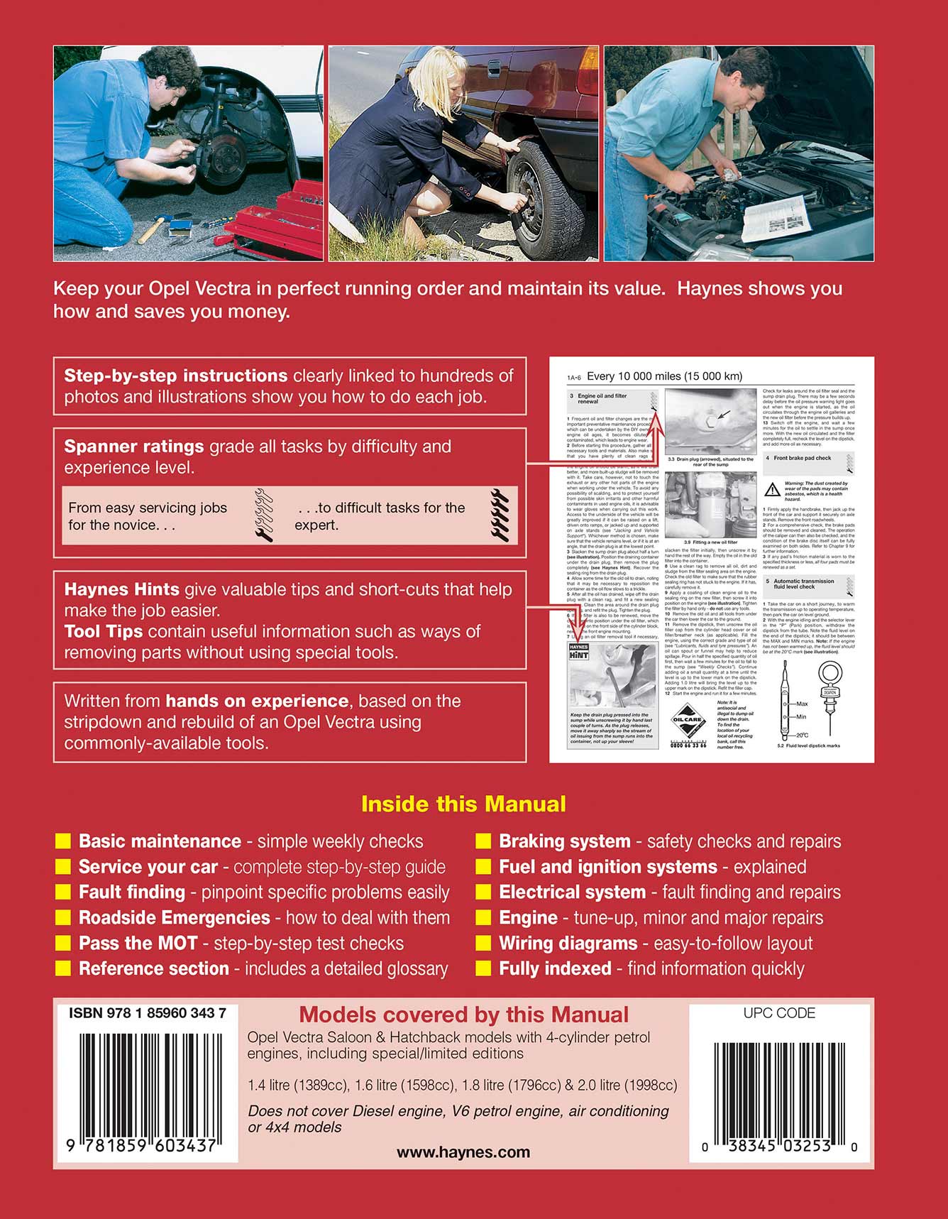 Opel Vectra Petrol (Oct 1988-Oct 1995) Haynes Repair Manual Printed Book Back Cover