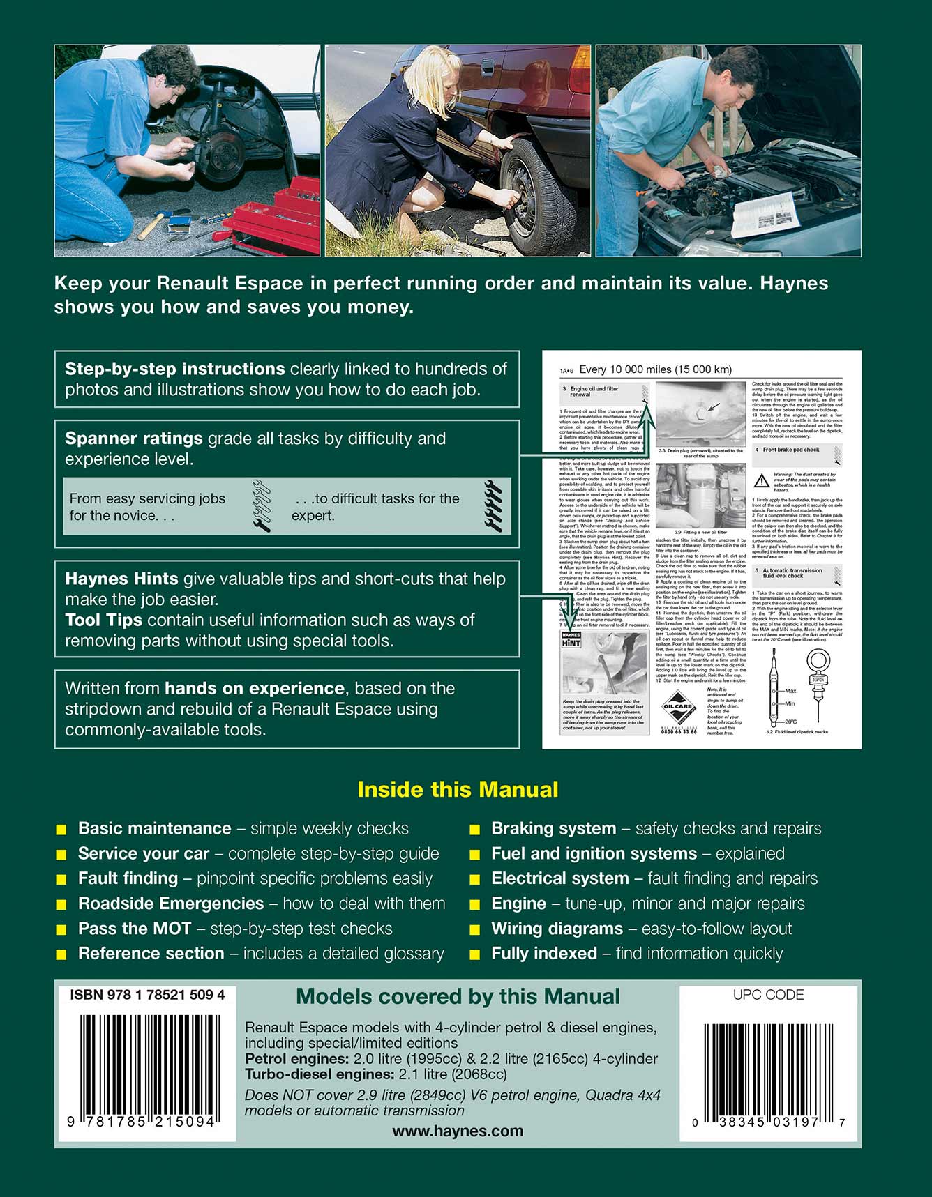 Renault Espace Petrol & Diesel (1985-1996) Haynes Repair Manual Printed Book Back Cover