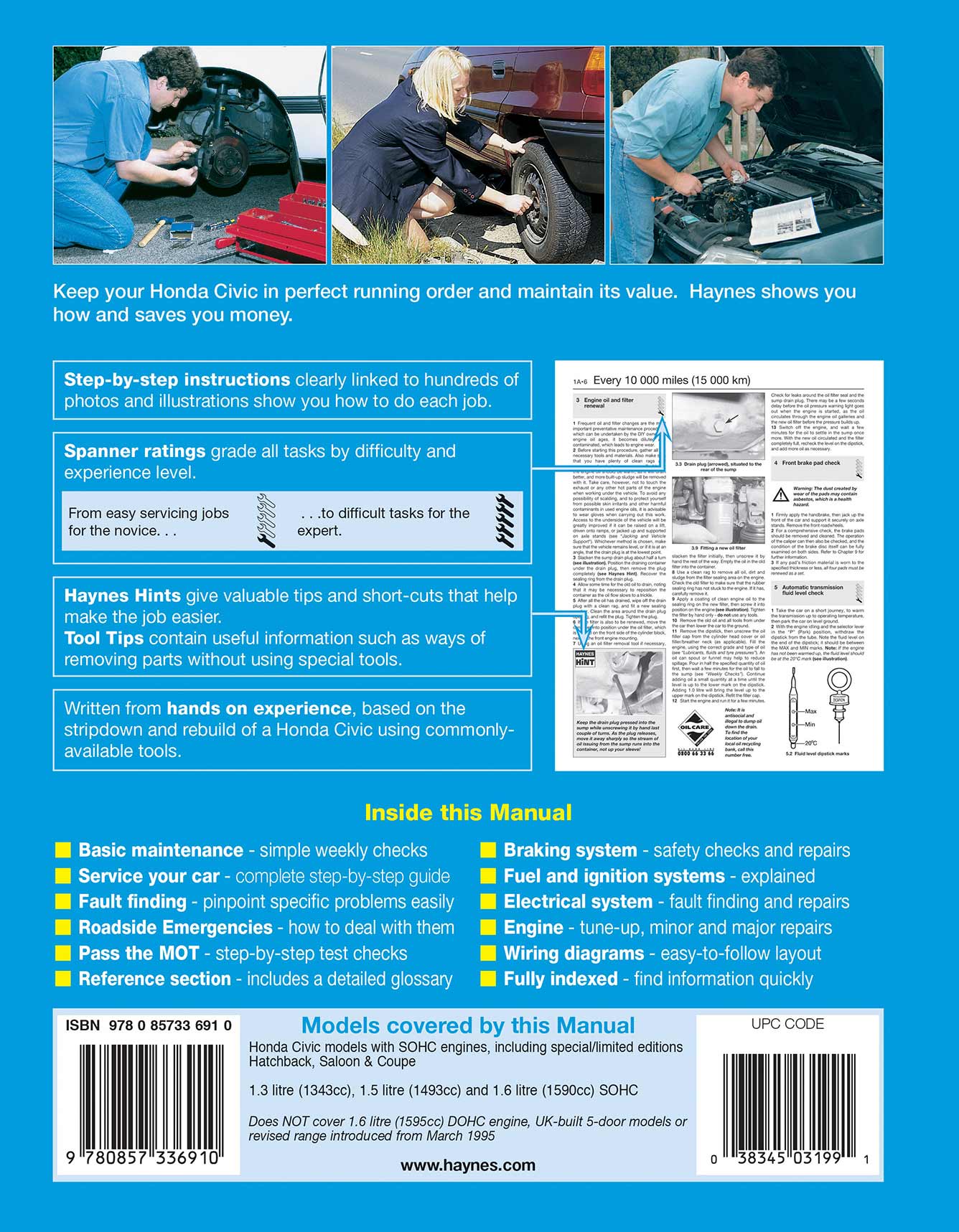 Honda Civic (Nov 1991-1996) Haynes Repair Manual Printed Book Back Cover
