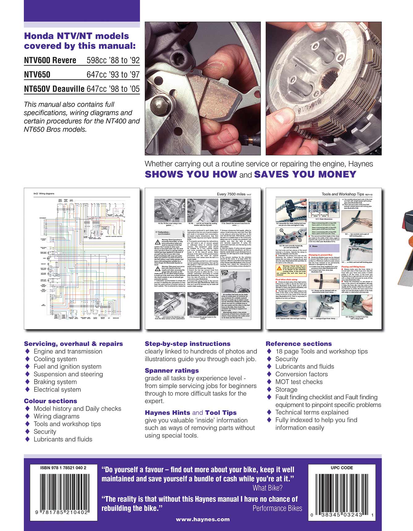 Honda NTV600 Revere, NTV650 & NT650V Deauville (1988-2005) Haynes Repair Manual Printed Book Back Cover