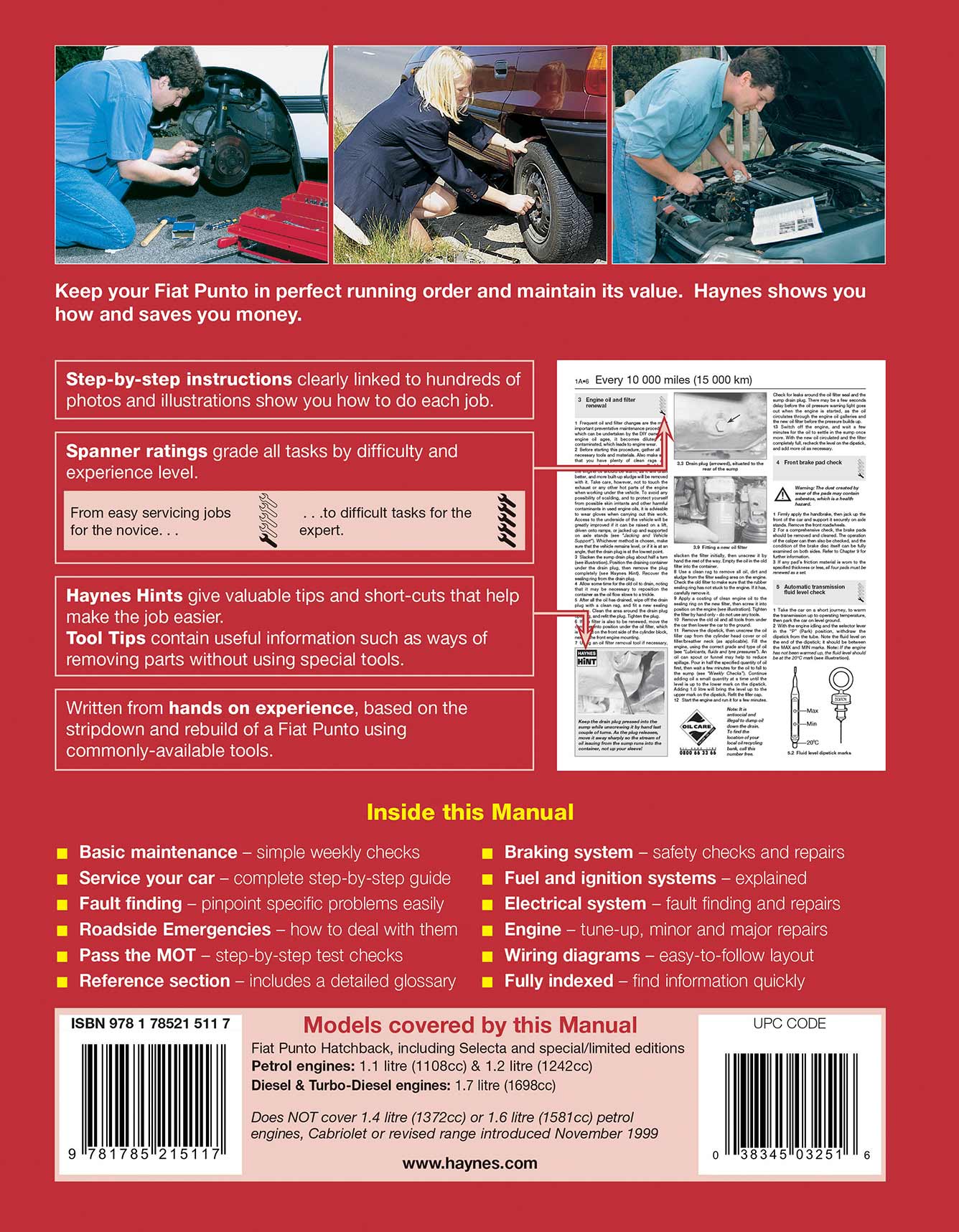 Fiat Punto Petrol & Diesel (1994-Oct 1999) Haynes Repair Manual Printed Book Back Cover