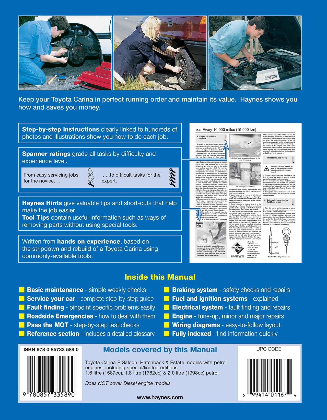Toyota Carina E Petrol (May 1992-1997) Haynes Repair Manual Printed Book Back Cover