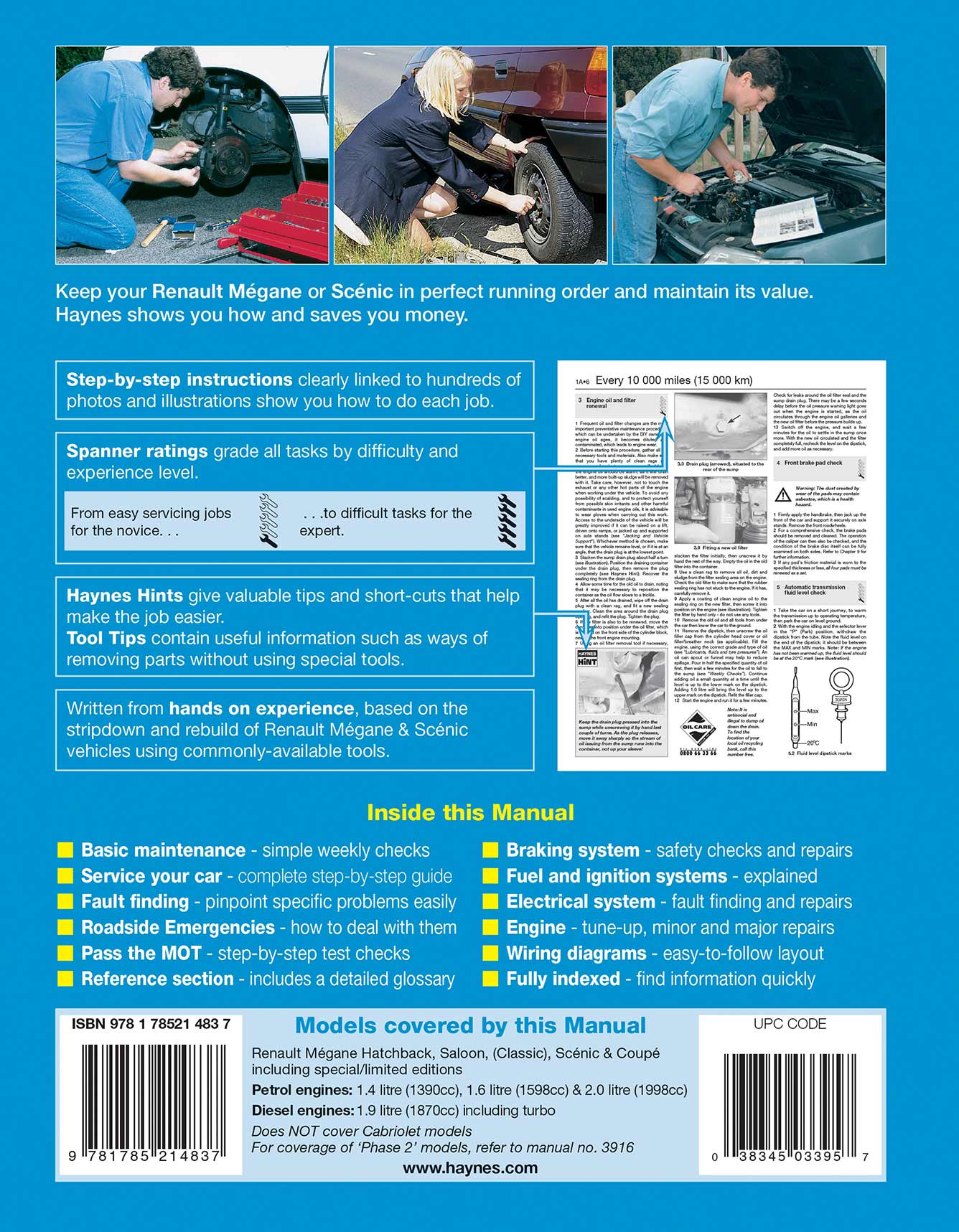 Renault Megane & Scenic Petrol & Diesel (1996-1999) Haynes Repair Manual Printed Book Back Cover