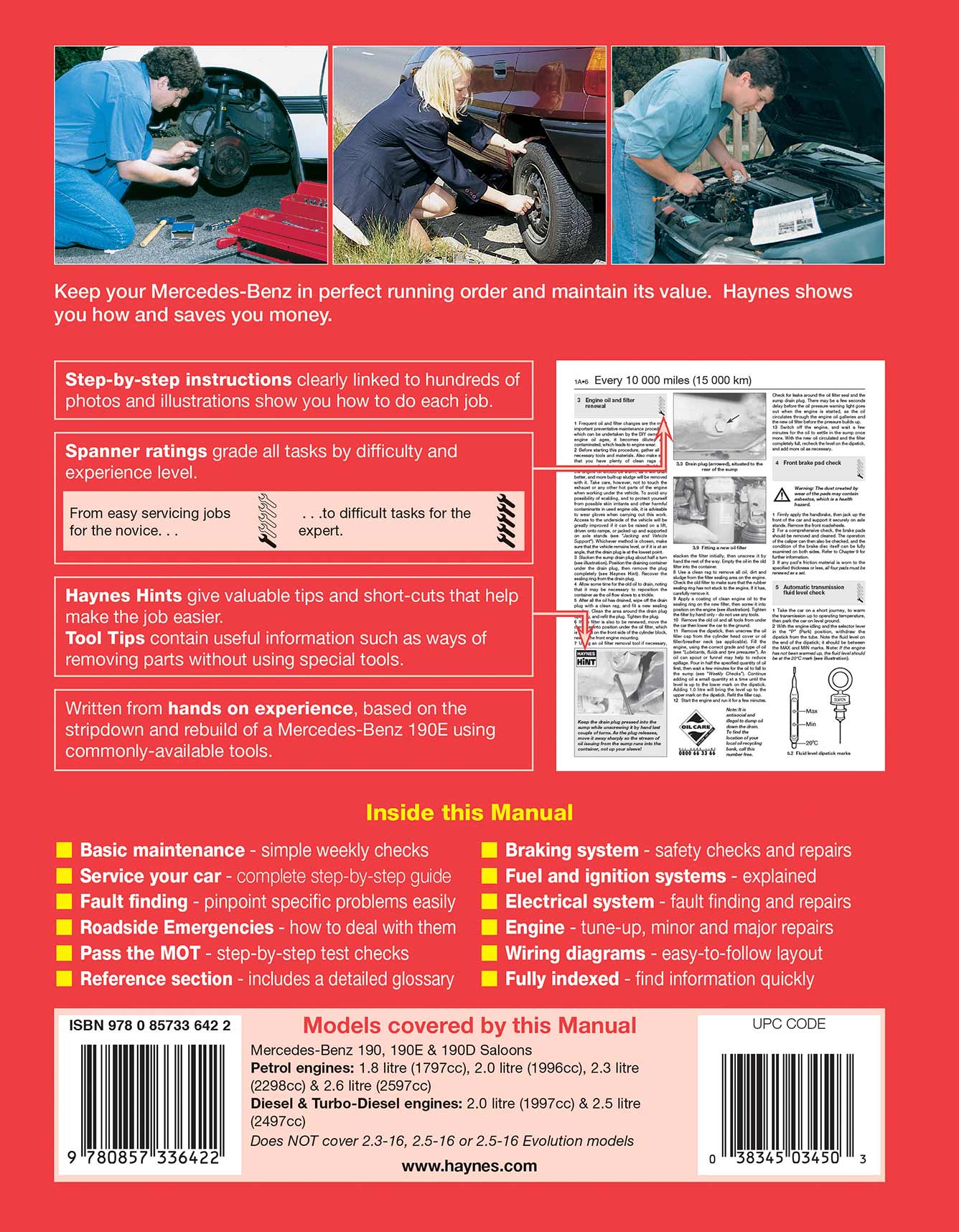 Mercedes-Benz 190, 190E & 190D Petrol & Diesel (1983-1993) Haynes Repair Manual Printed Book Back Cover