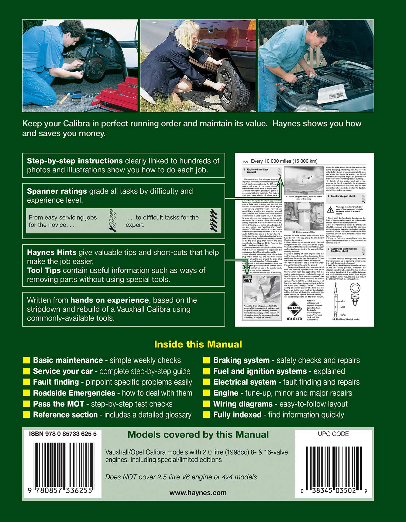 Vauxhall/Opel Calibra (1990-1998) Haynes Repair Manual Printed Book Back Cover