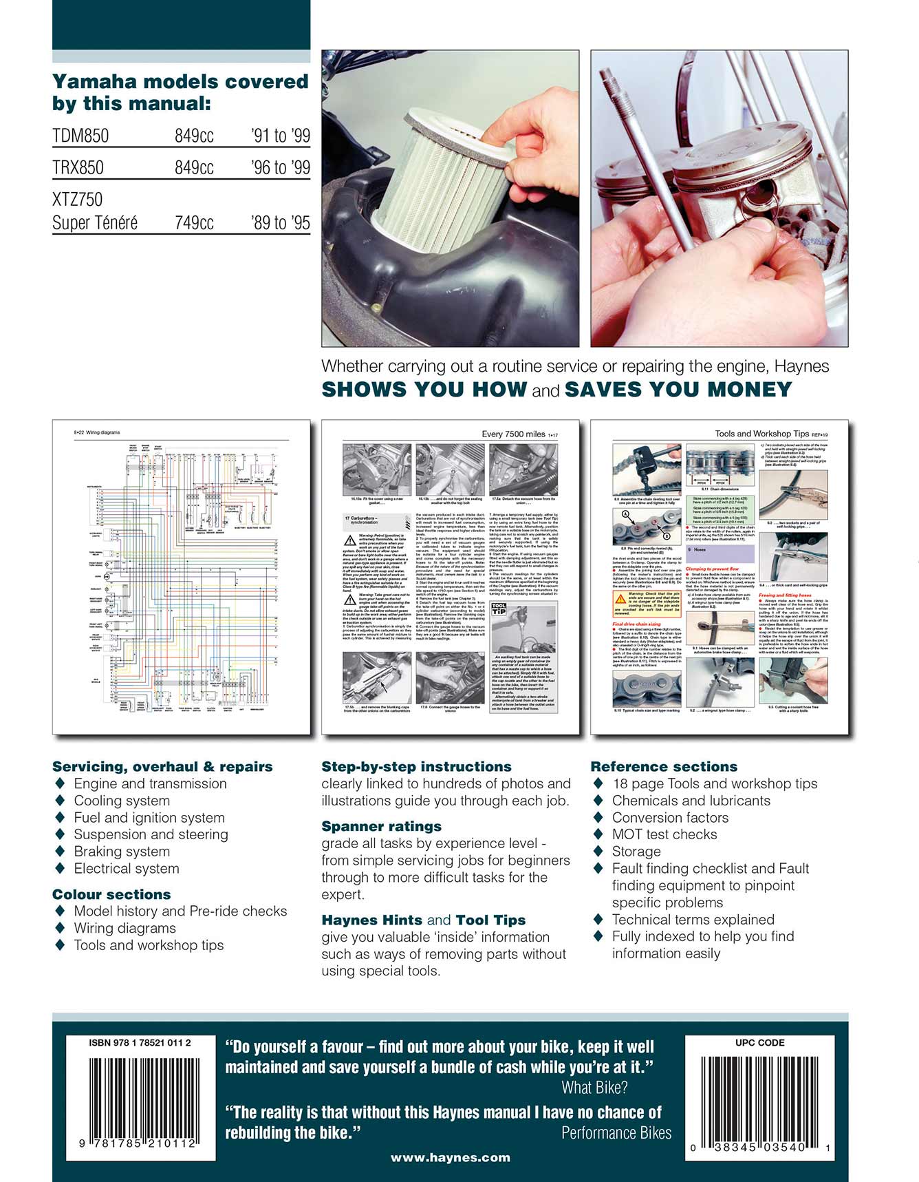 Yamaha TDM850, TRX850 & XTZ750 (1989-1999) Haynes Repair Manual Printed Book Back Cover