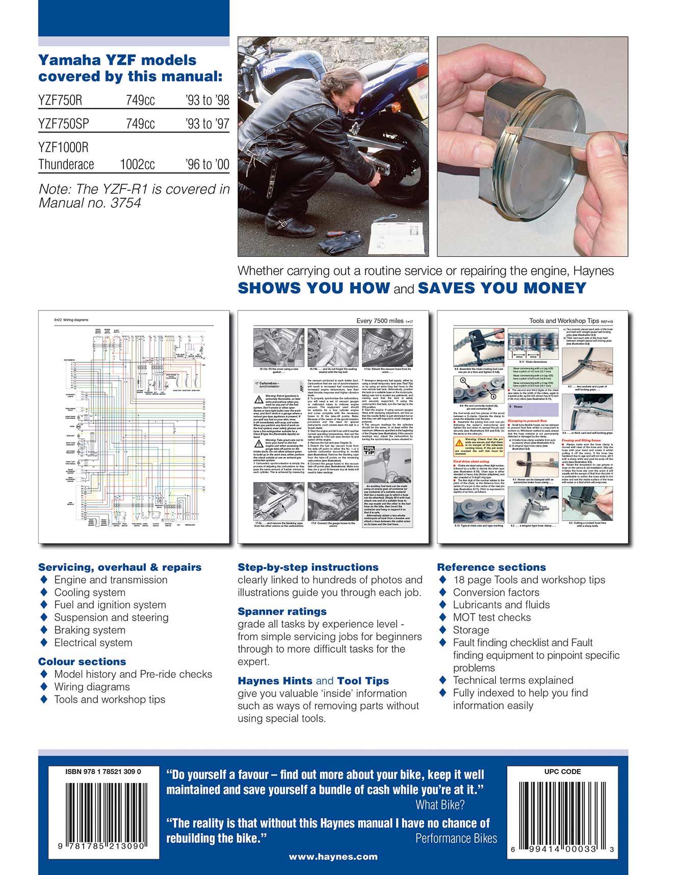 Yamaha YZF750R & YZF1000R Thunderace (1993-2000) Haynes Repair Manual Printed Book Back Cover