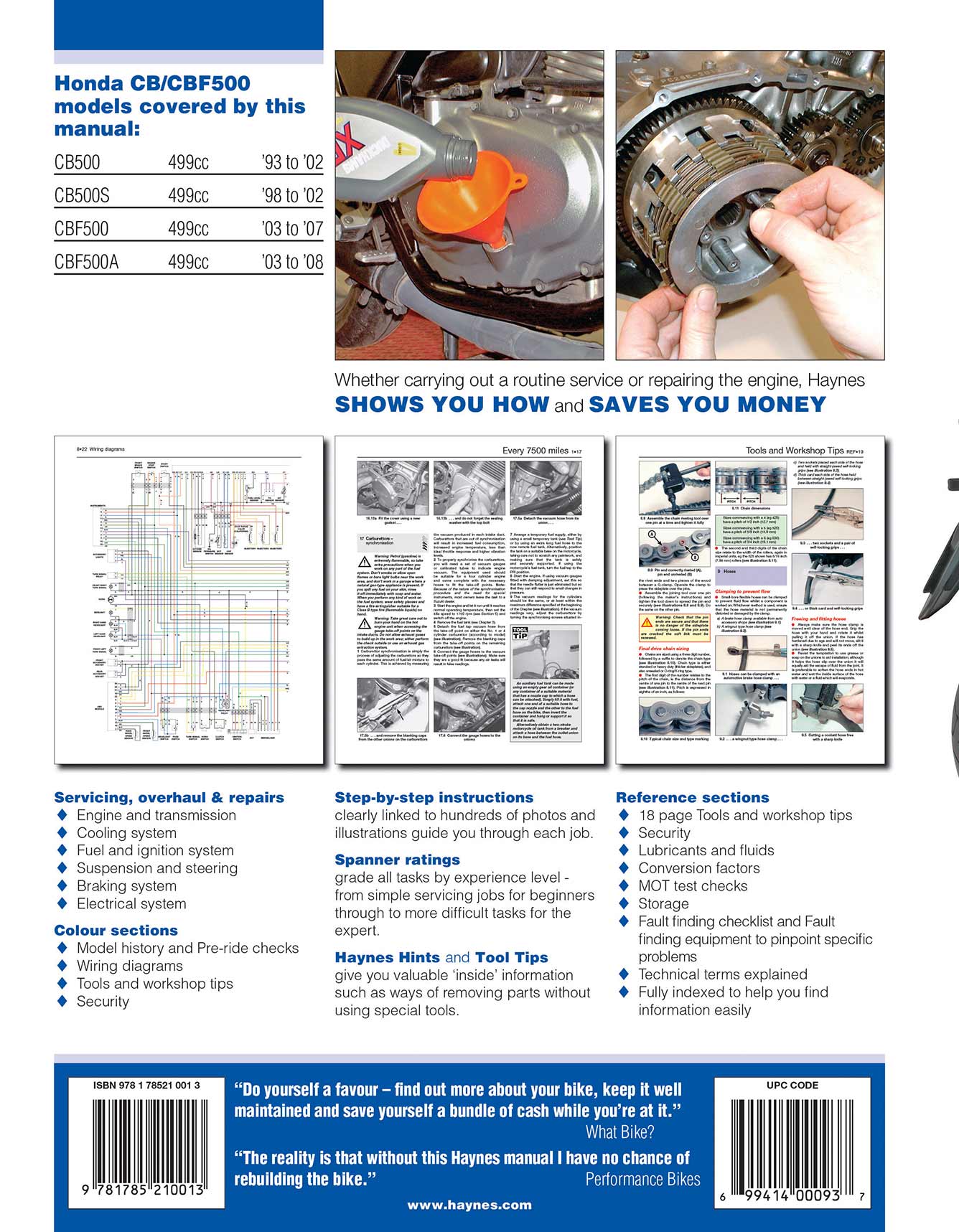 Honda CB500 (1993-2002) & CBF500 (2003-2008) Haynes Repair Manual Printed Book Back Cover
