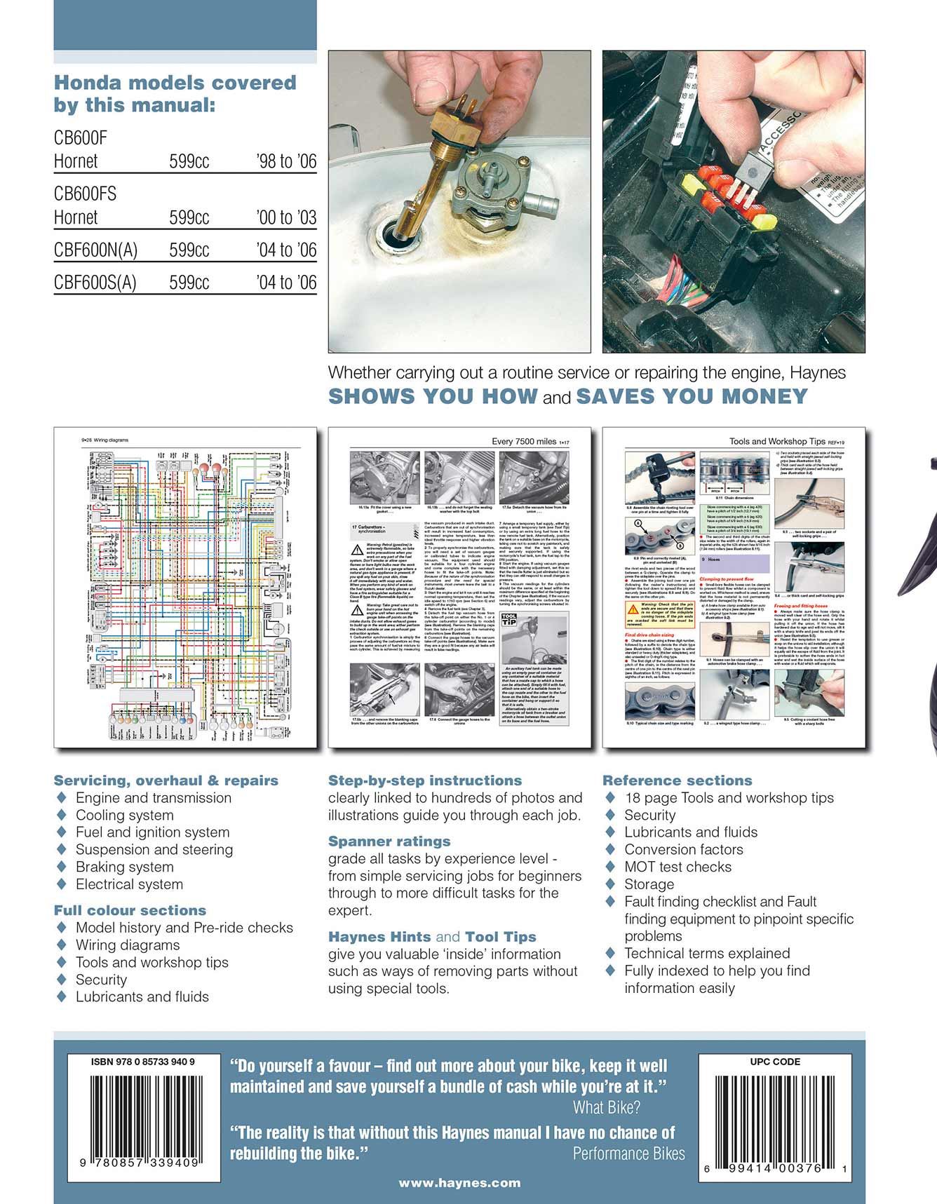 Honda CB600F Hornet & CBF600 (1998-2006) Haynes Repair Manual Printed Book Back Cover