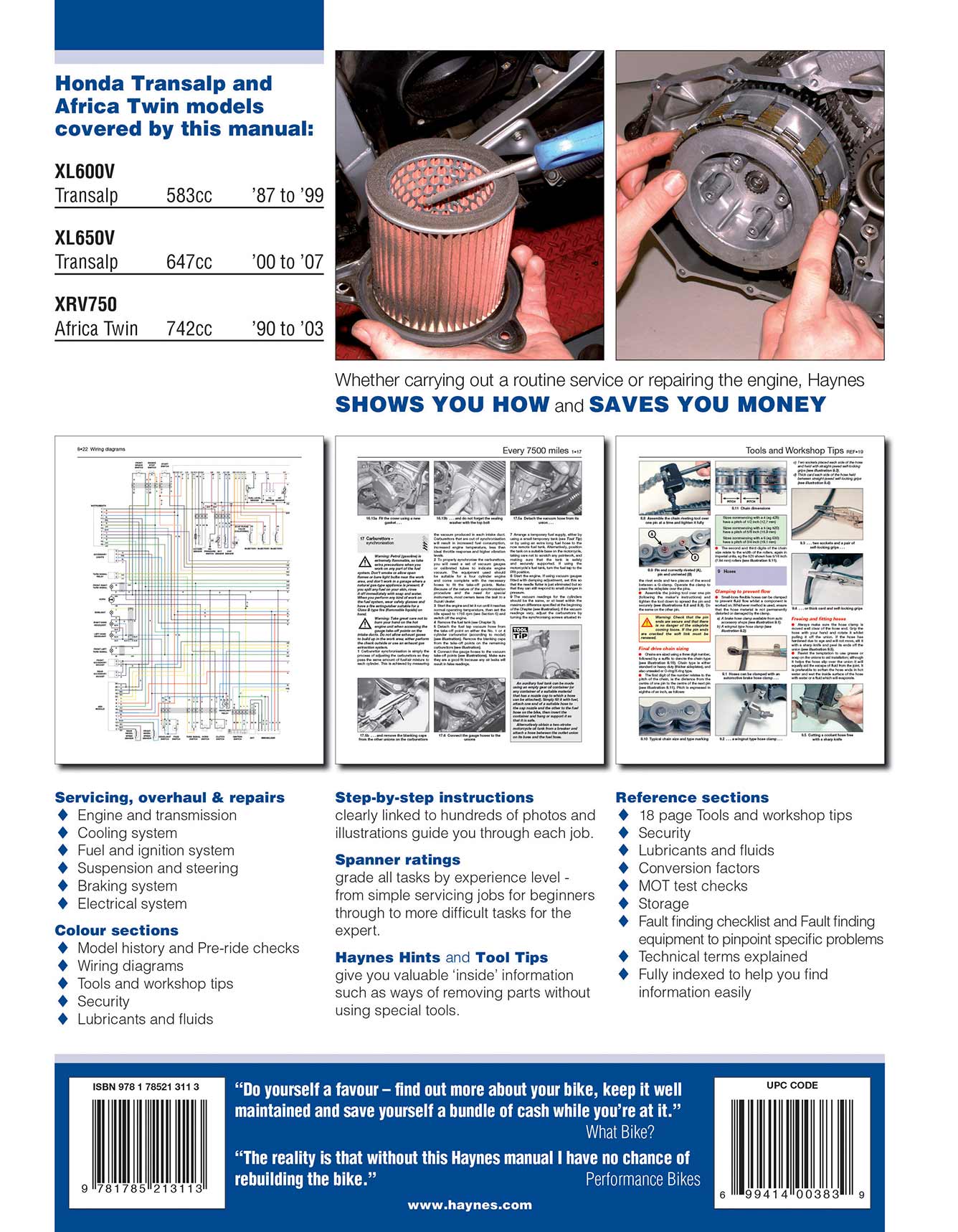 Honda XL600/650V Transalp & XRV750 Africa Twin (1987-2007) Haynes Repair Manual Printed Book Back Cover