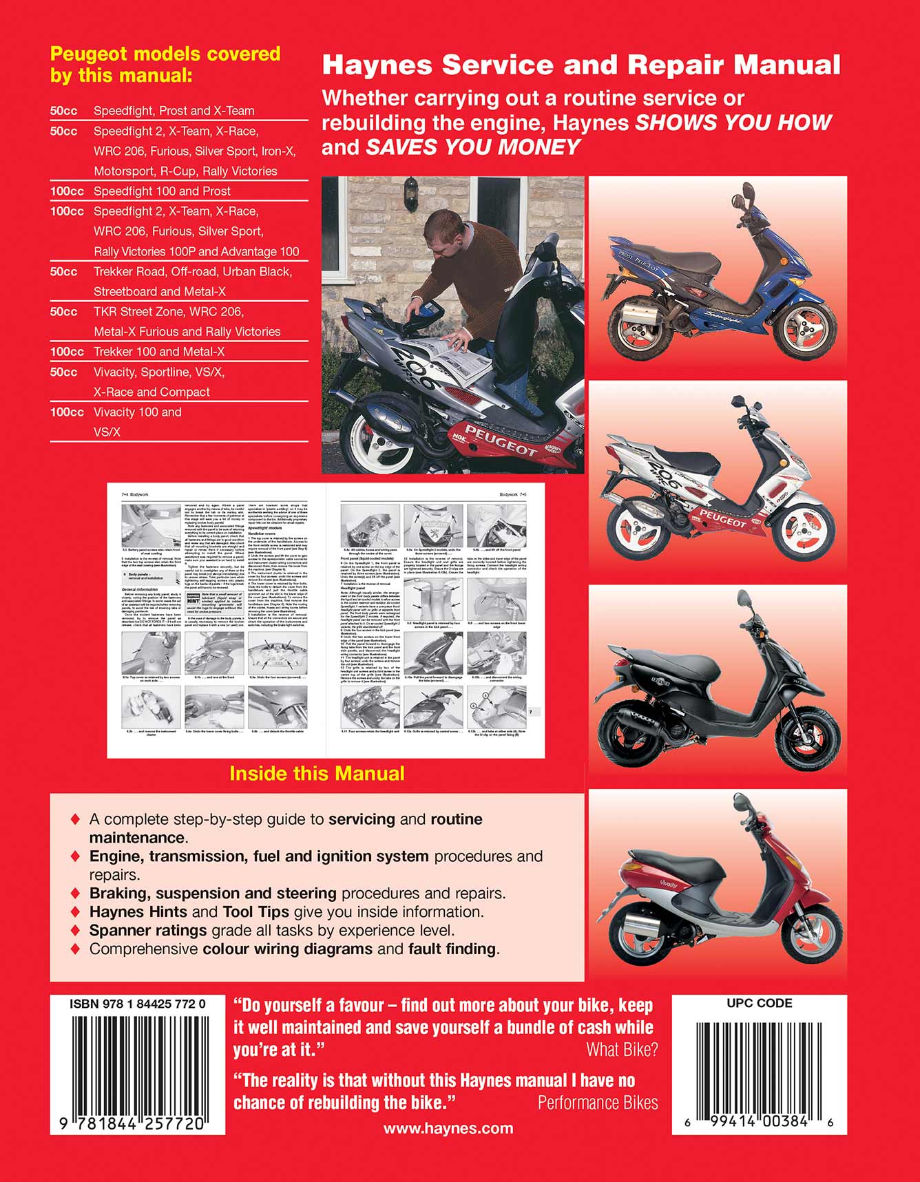 Peugeot Speedfight, Trekker & Vivacity Scooters (1996-2008) Haynes Repair Manual Printed Book Back Cover