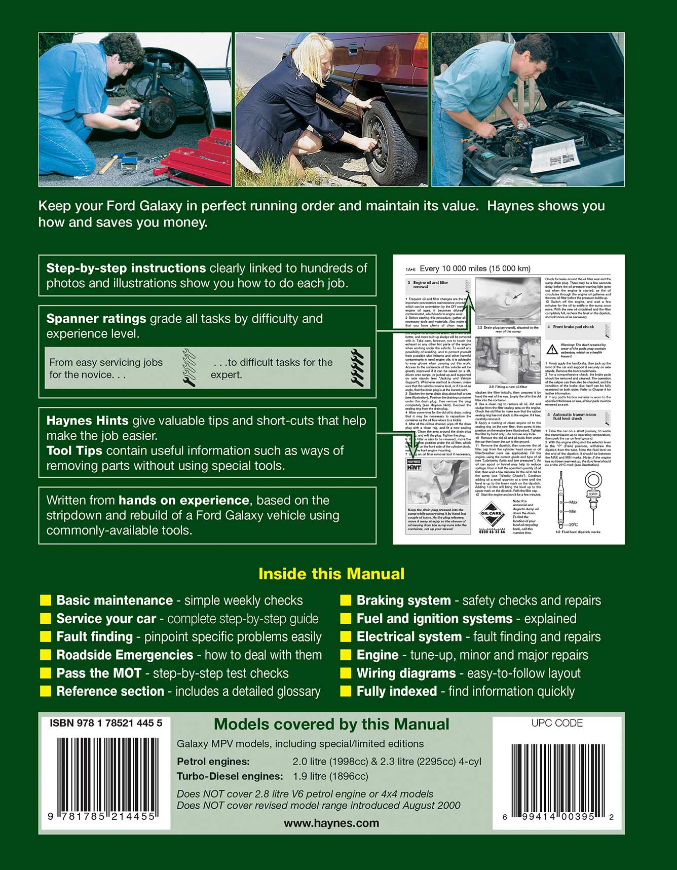 Ford Galaxy Petrol & Diesel (1995-Aug 2000) Haynes Repair Manual Printed Book Back Cover