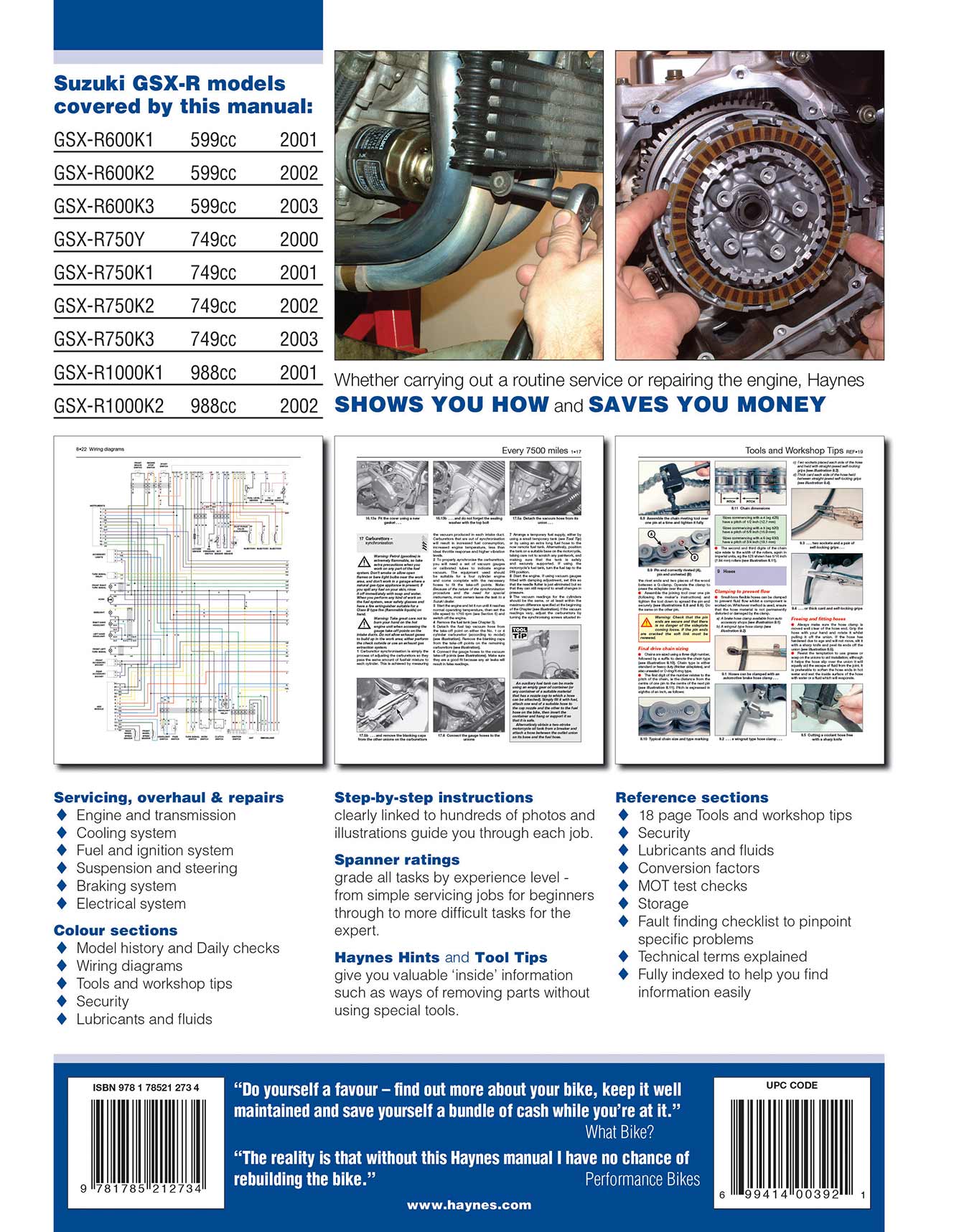 Suzuki GSX-R600 (2001-2003), GSX-R750 (2000-2003), GSX-R1000 (2001-2002) Haynes Repair Manual Printed Book Back Cover