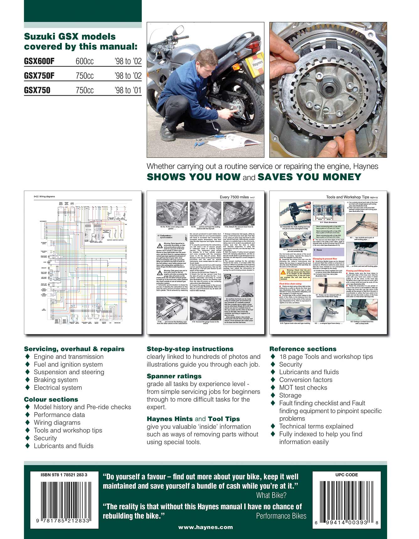 Suzuki GSX600/750F & GSX750 (1998-2003) Haynes Repair Manual Printed Book Back Cover