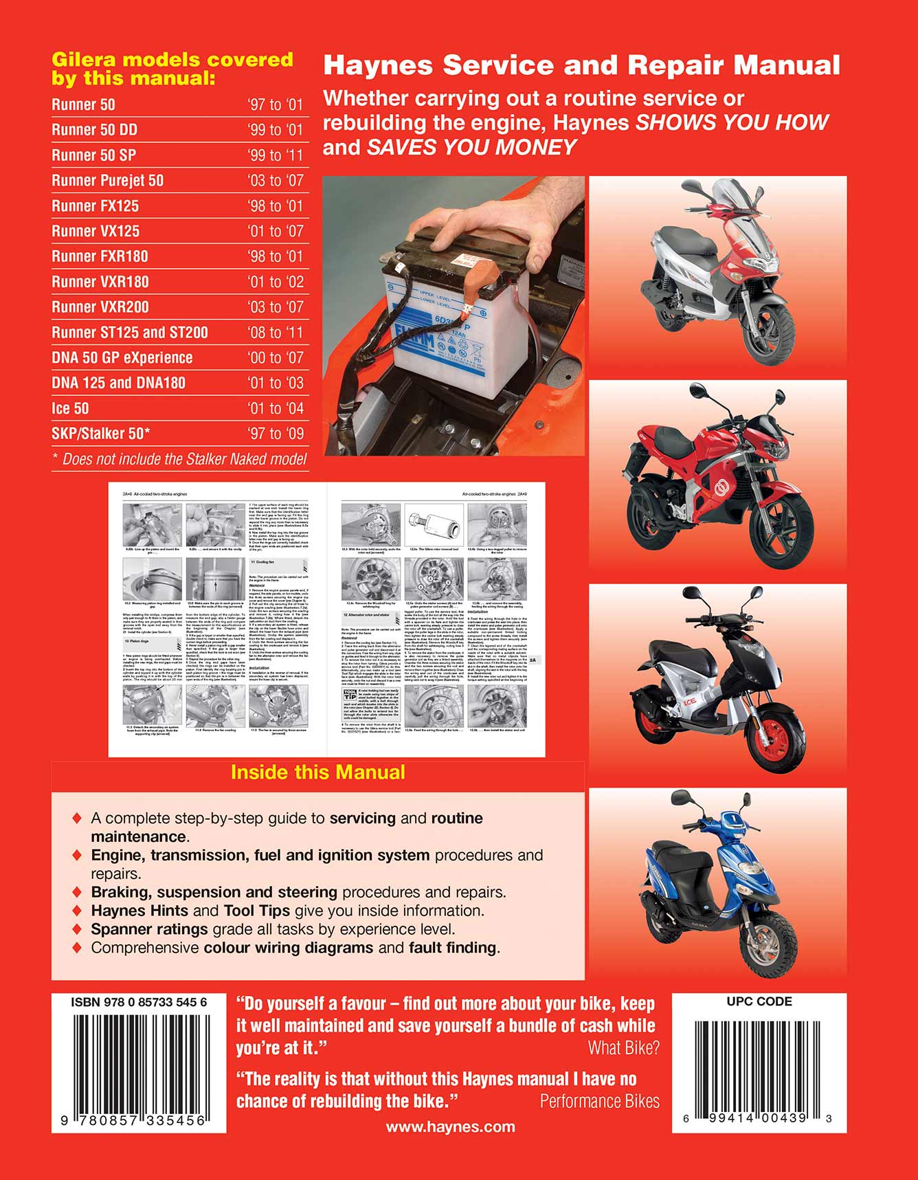 Gilera Runner, DNA, Ice & SKP/Stalker (1997-2011) Haynes Repair Manual Printed Book Back Cover