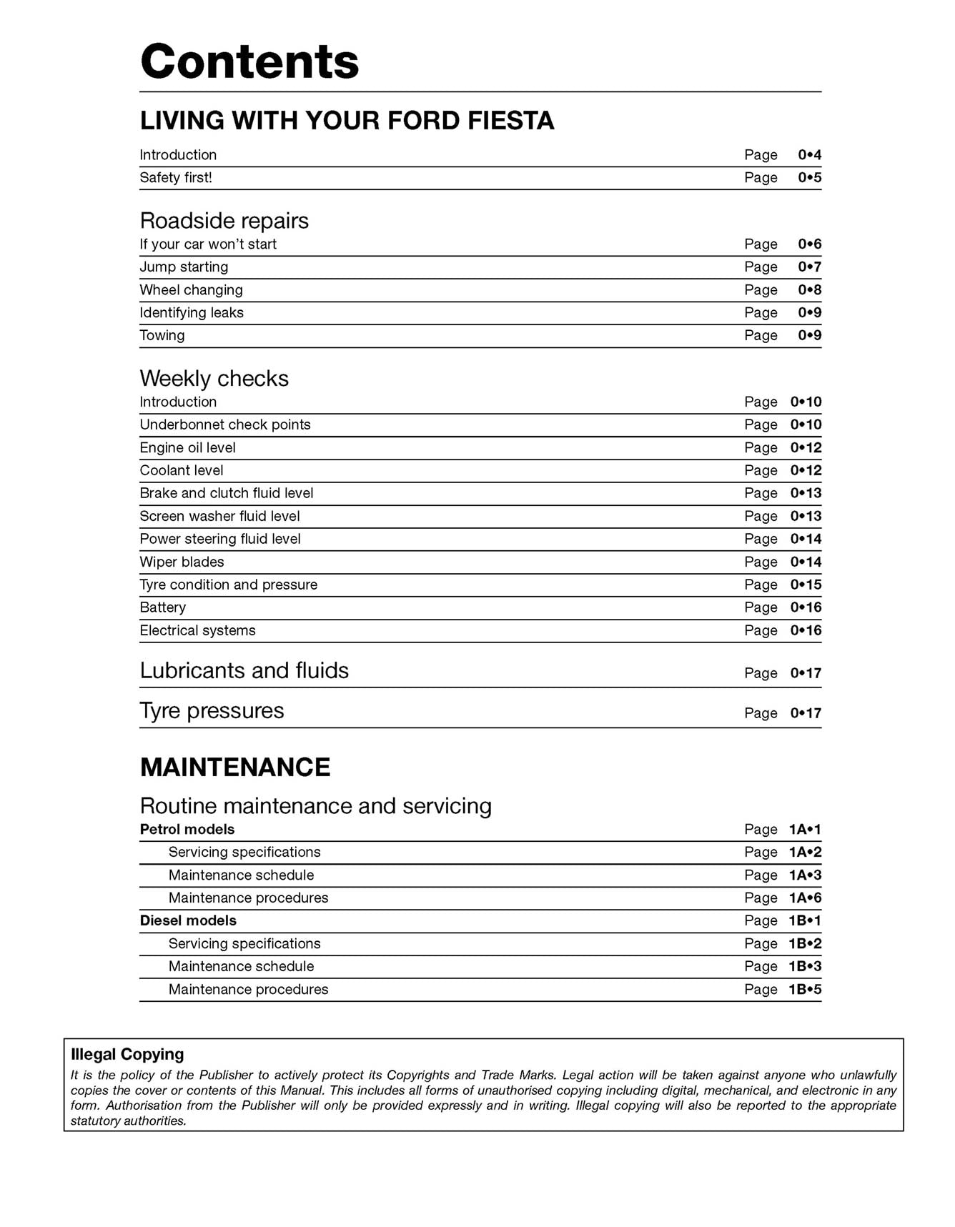 Ford Fiesta Petrol & Diesel (Apr 2002-2008) Haynes Repair Manual Printed Book Table of Contents