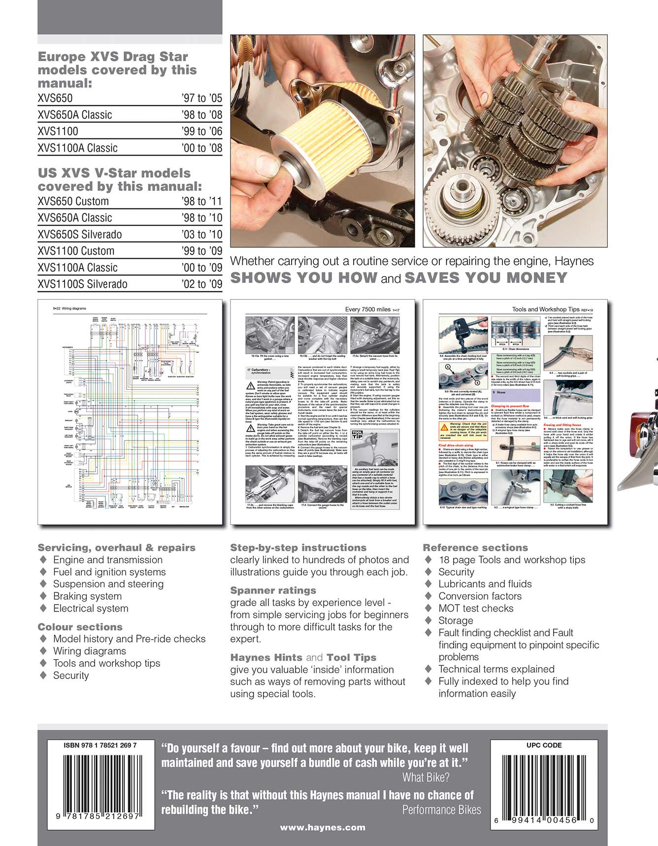 Yamaha XVS650 & 1100 Drag Star/V-Star (1997-2011) Haynes Repair Manual Printed Book Back Cover